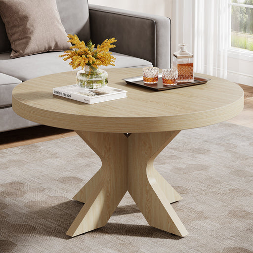 31.5" Wood Coffee Table, Round Center Table With Double X - Shaped Base Tribesigns