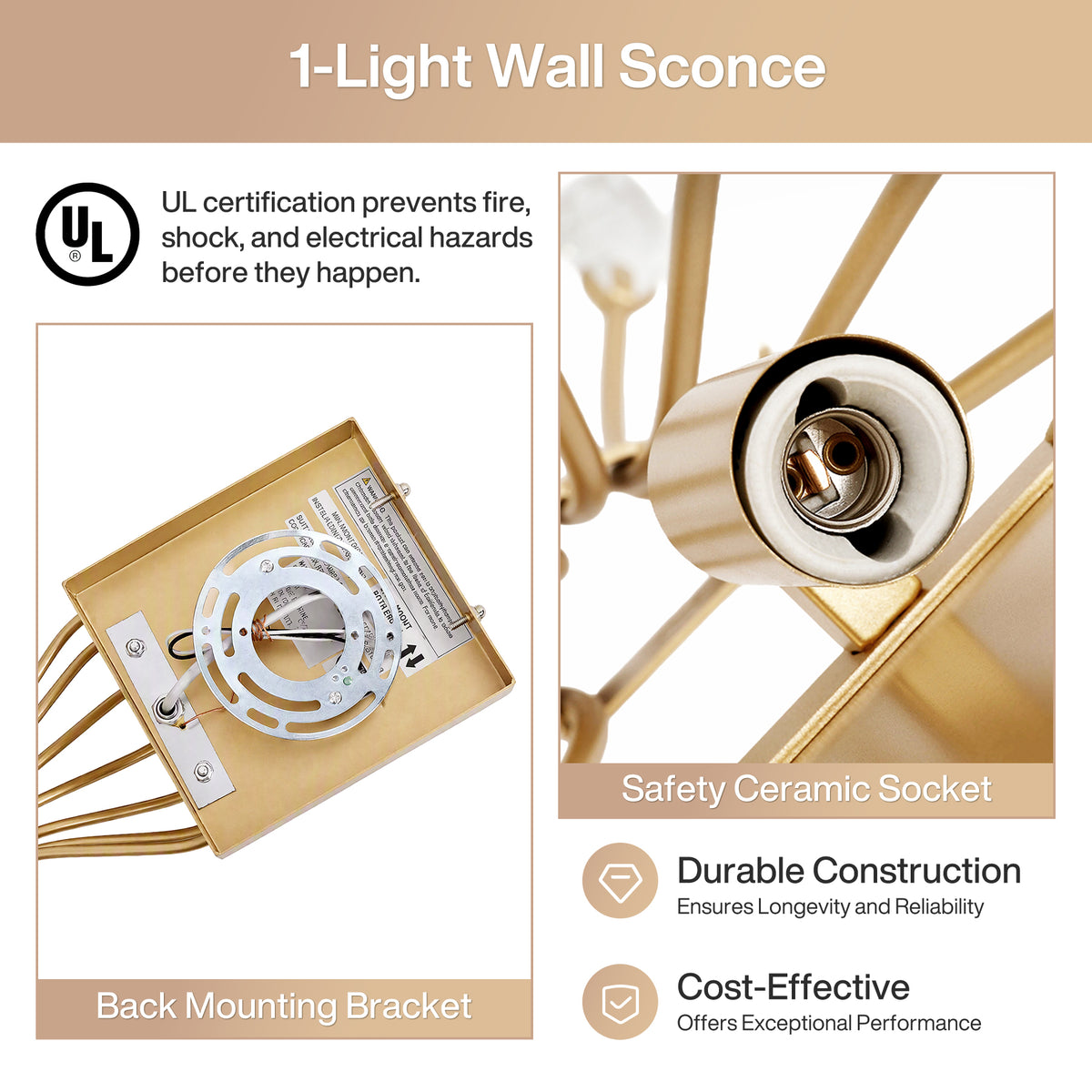 19.96" Gold Wall Sconce, Double Layer Fabric Wall Light with Crystal