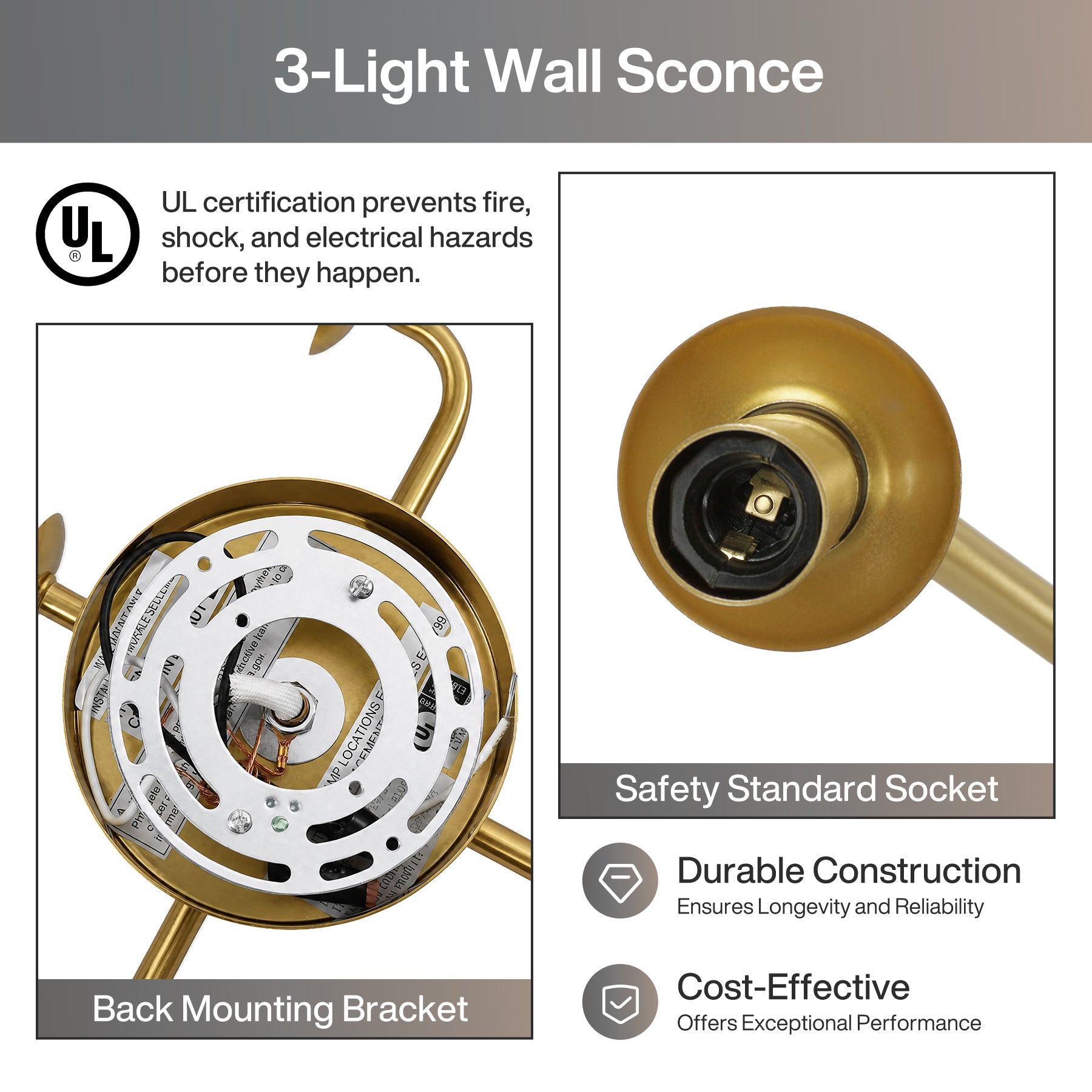 3-Light Gold Wall Sconce, Elegant Brass Candle Wall Light for Bedroom