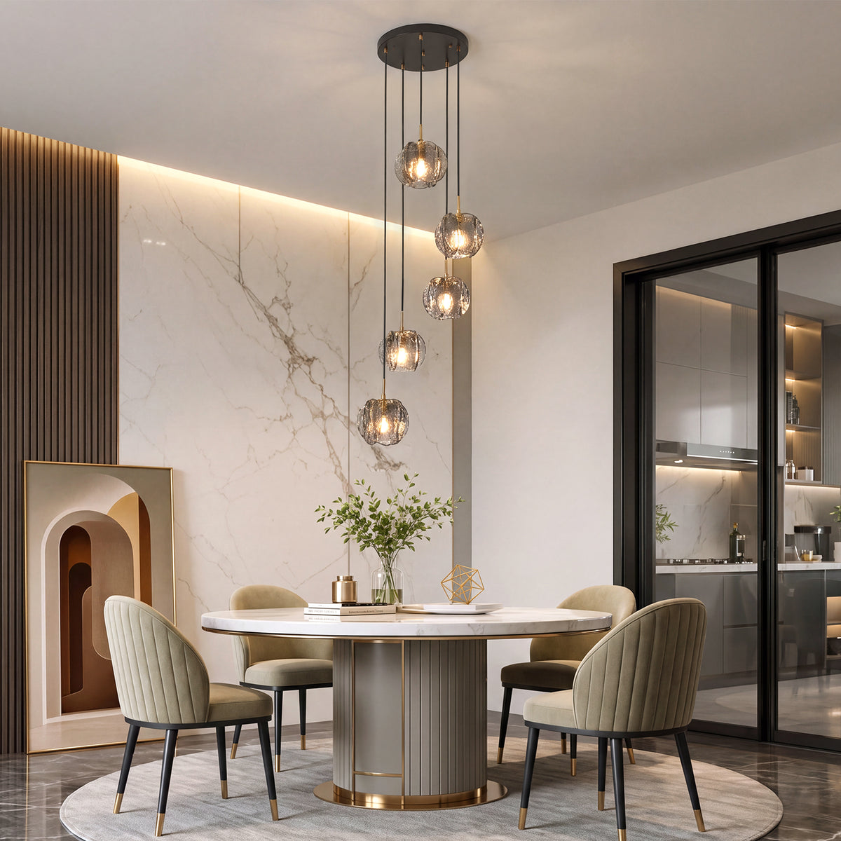 5-Light Modern Pendant Light with Textured Smoky Gray Glass Shades