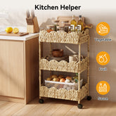 3-Tier Water Hyacinth Rolling Cart with Wheels, Metal Frame Utility Cart, Bathroom Kitchen Nursery 3