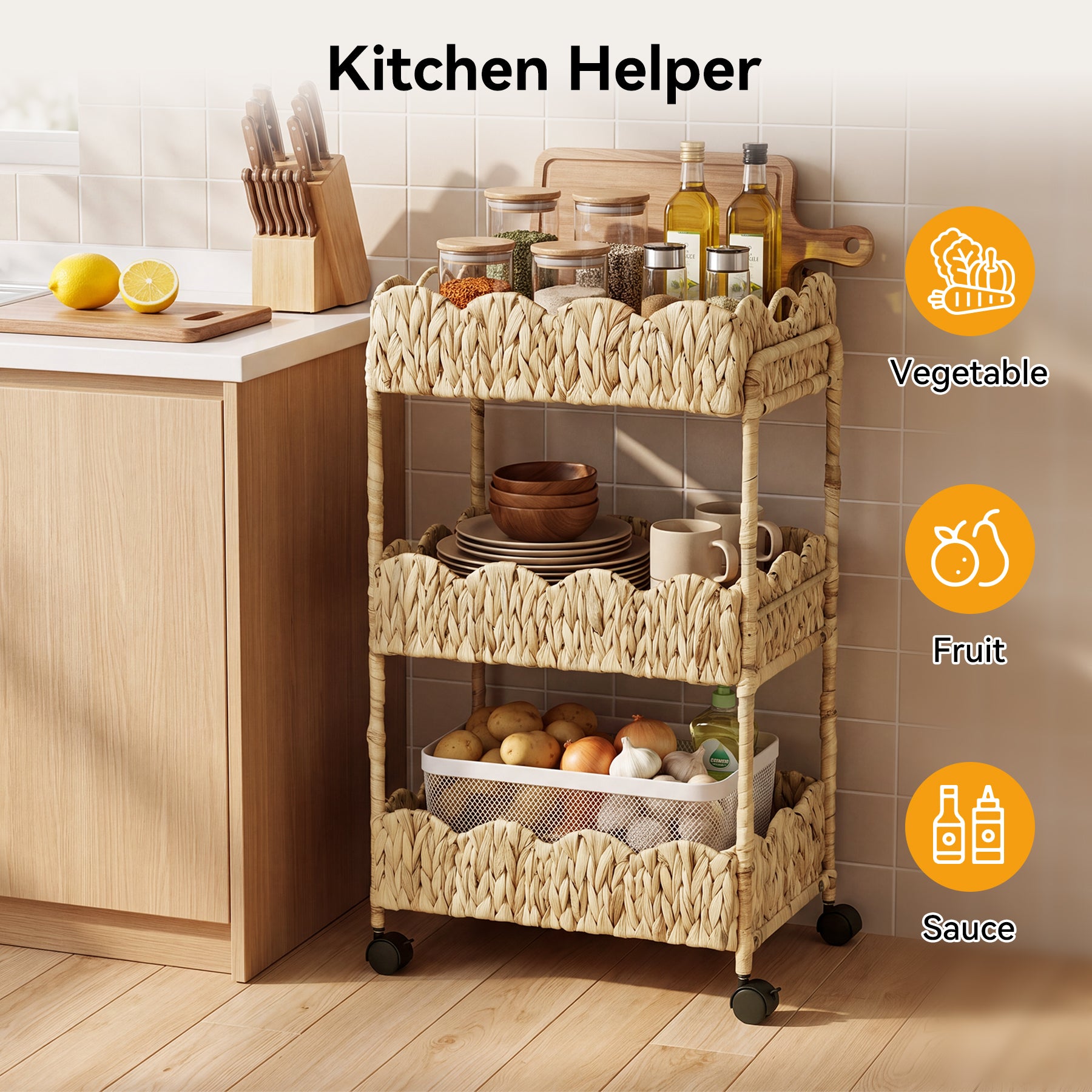 3-Tier Water Hyacinth Rolling Cart with Wheels, Metal Frame Utility Cart, Bathroom Kitchen Nursery
