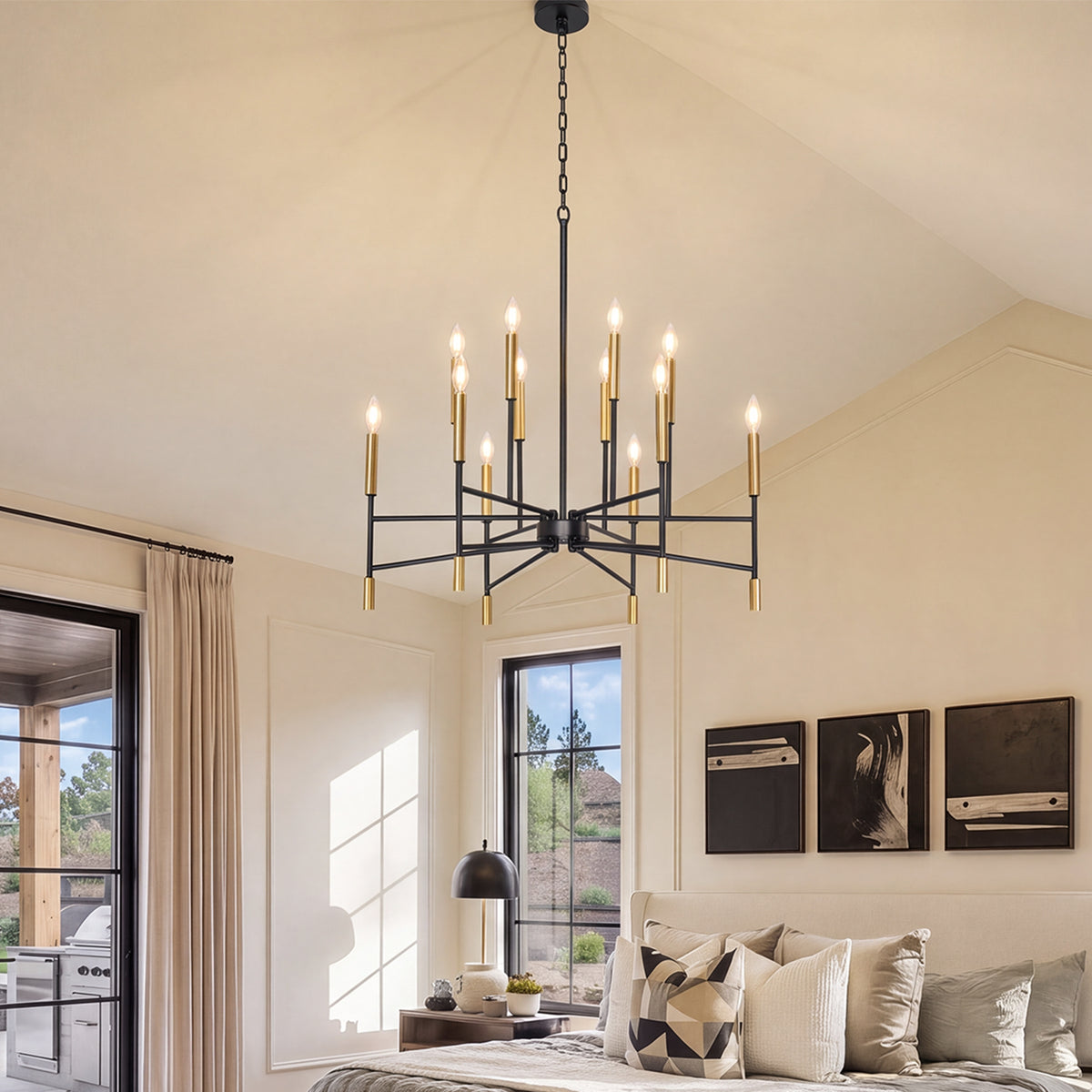 12-Light 32" Farmhouse Chandelier, Black and Gold Candle Ceiling Light