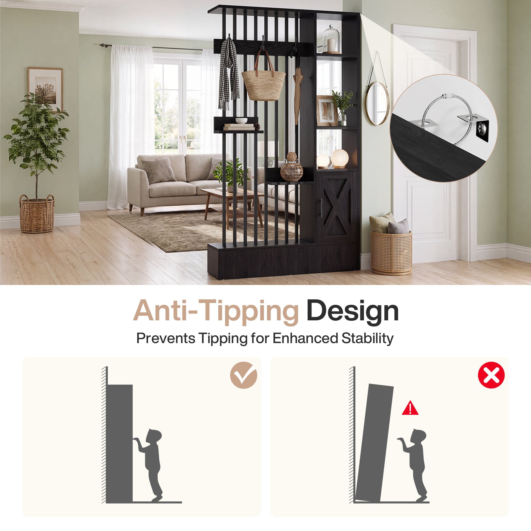 71" Wall Room Divider with Shelves, Freestanding Wall Partition with Storage Cabinet & Coat Hooks