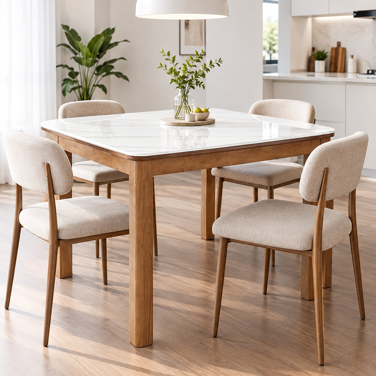 35.4" Square Sintered Stone Dining Table with Rubberwood Legs for 2-4 People