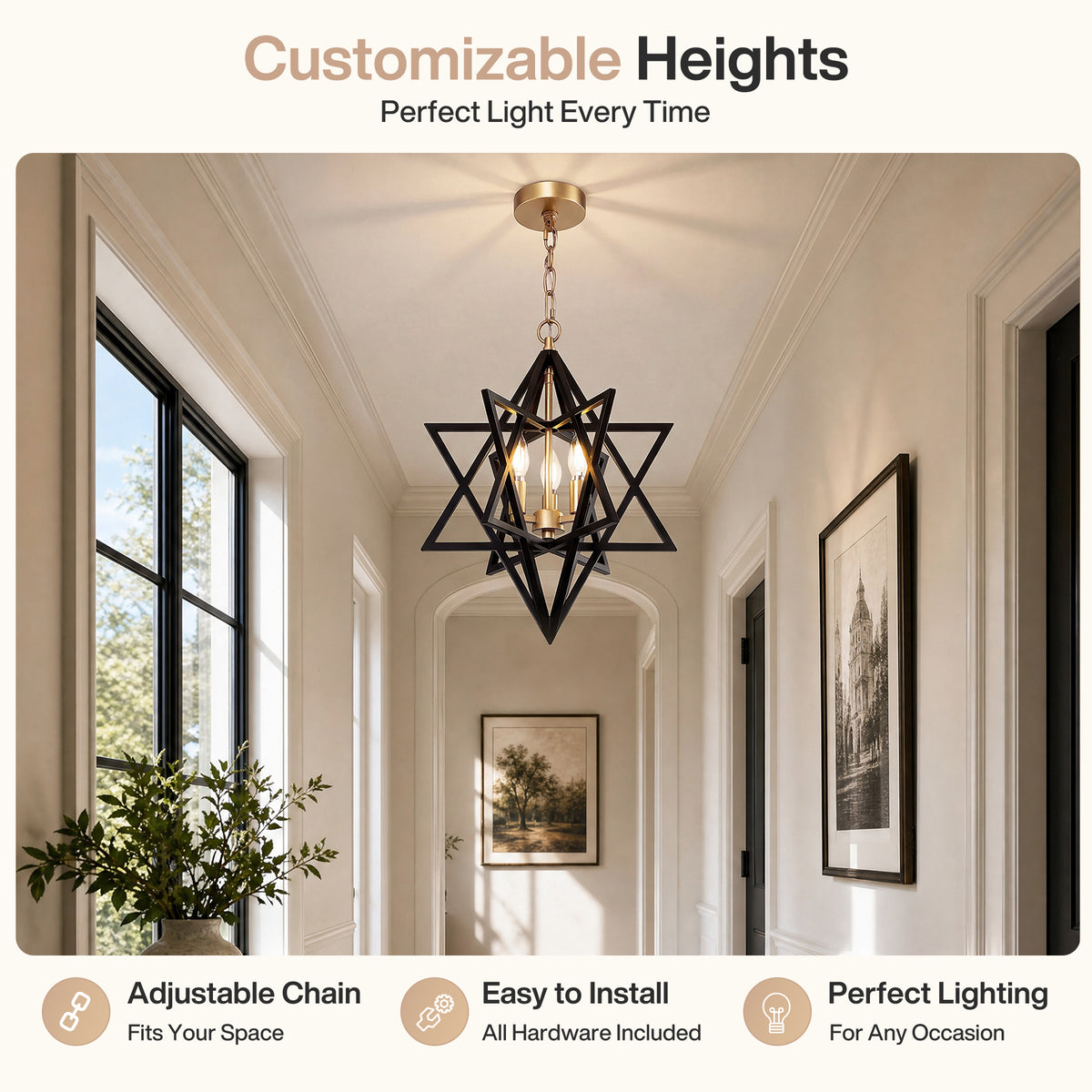 3-Light 15.75" Geometric Chandelier, Black and Gold Farmhouse Pendant Light