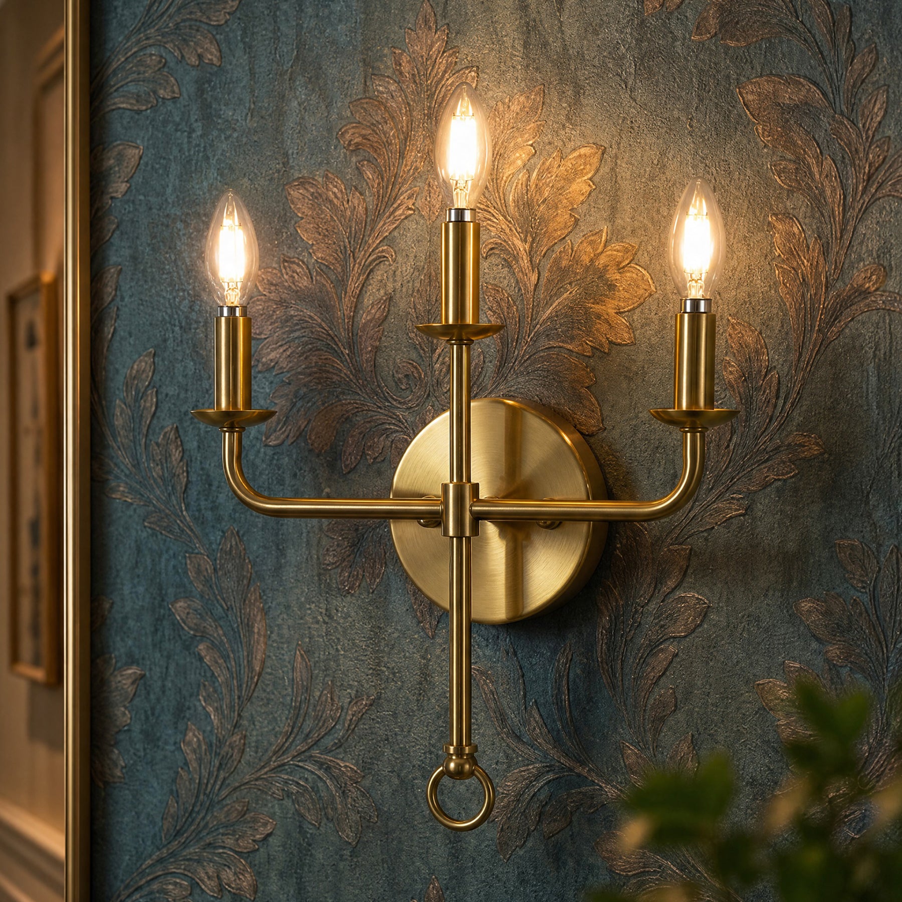 3-Light Gold Wall Sconce, Elegant Brass Candle Wall Light for Bedroom