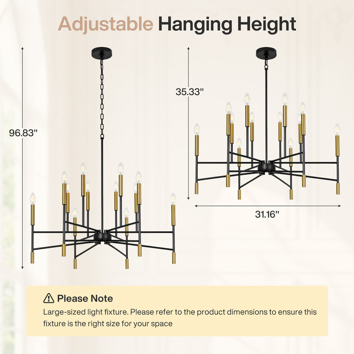 12-Light 32" Farmhouse Chandelier, Black and Gold Candle Ceiling Light