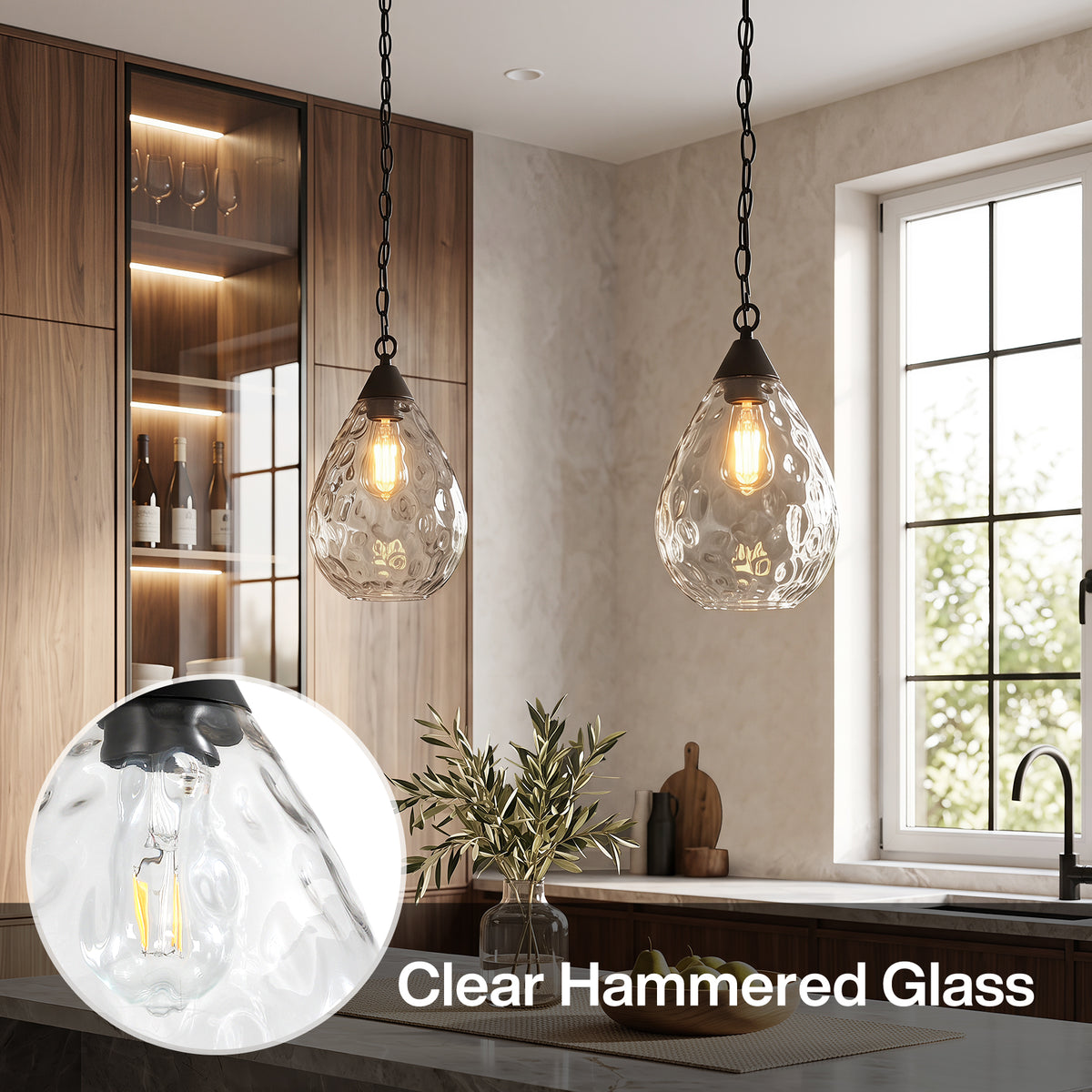 Hammered Glass Pendant Light, Modern Black Hanging Light with 60" Chain
