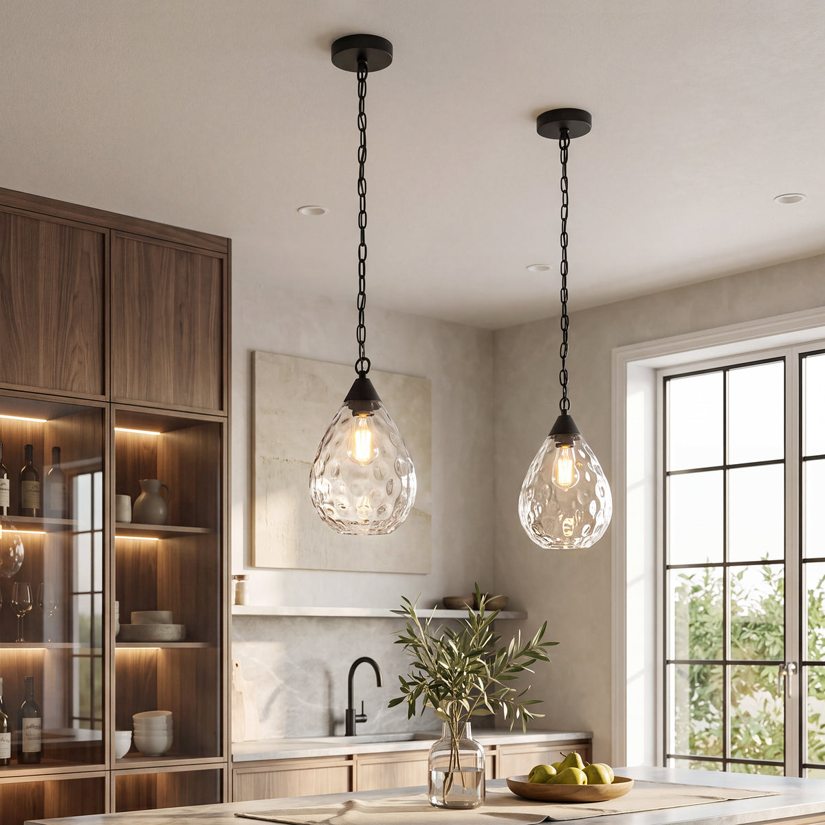 Hammered Glass Pendant Light, Modern Black Hanging Light with 60" Chain
