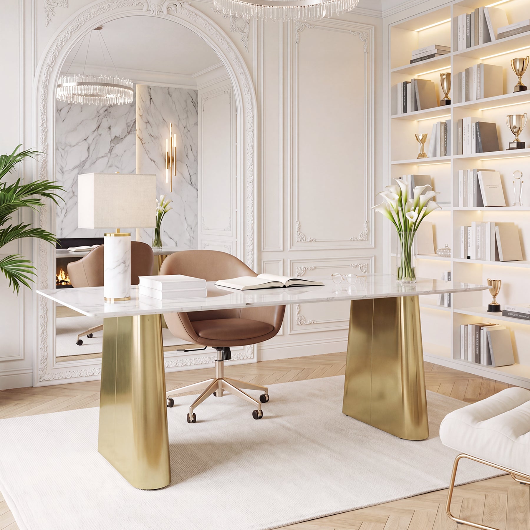 63" Executive Desk with Sintered Stone Top & Gold Brushed Stainless Metal Base