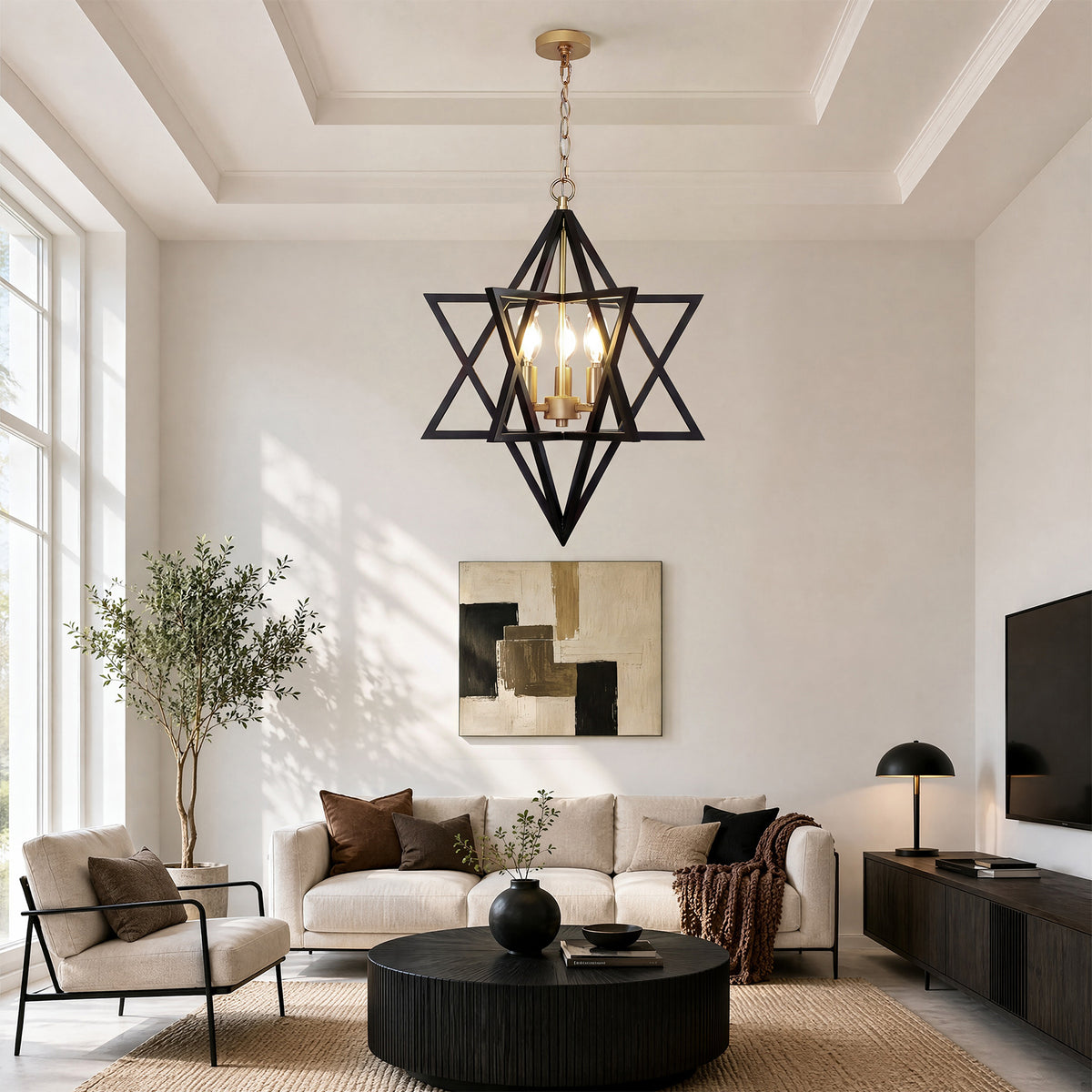 3-Light 15.75" Geometric Chandelier, Black and Gold Farmhouse Pendant Light