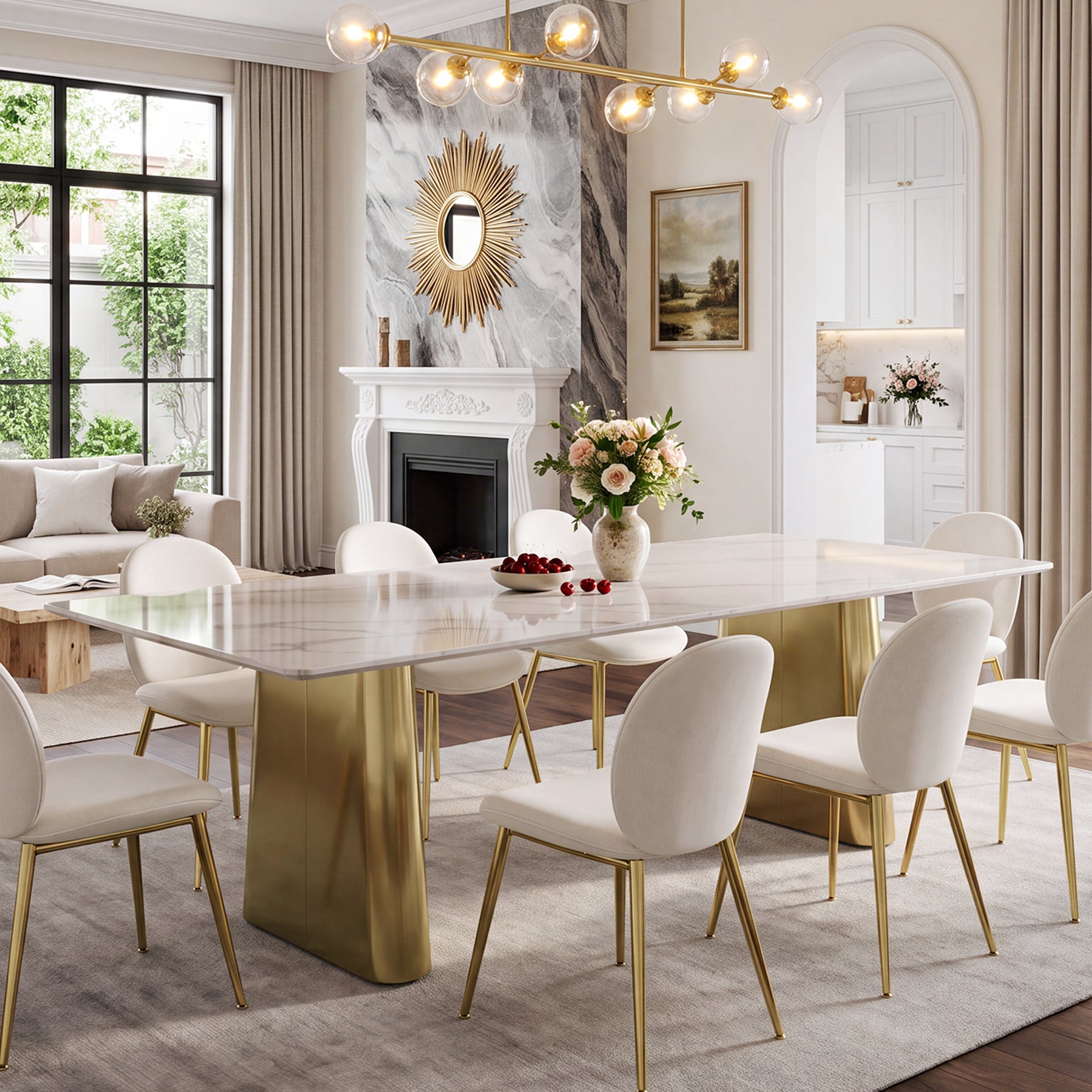 63" Sintered Stone Dining Table, Modern Luxury Kitchen Table with Gold Brushed Stainless Metal Base