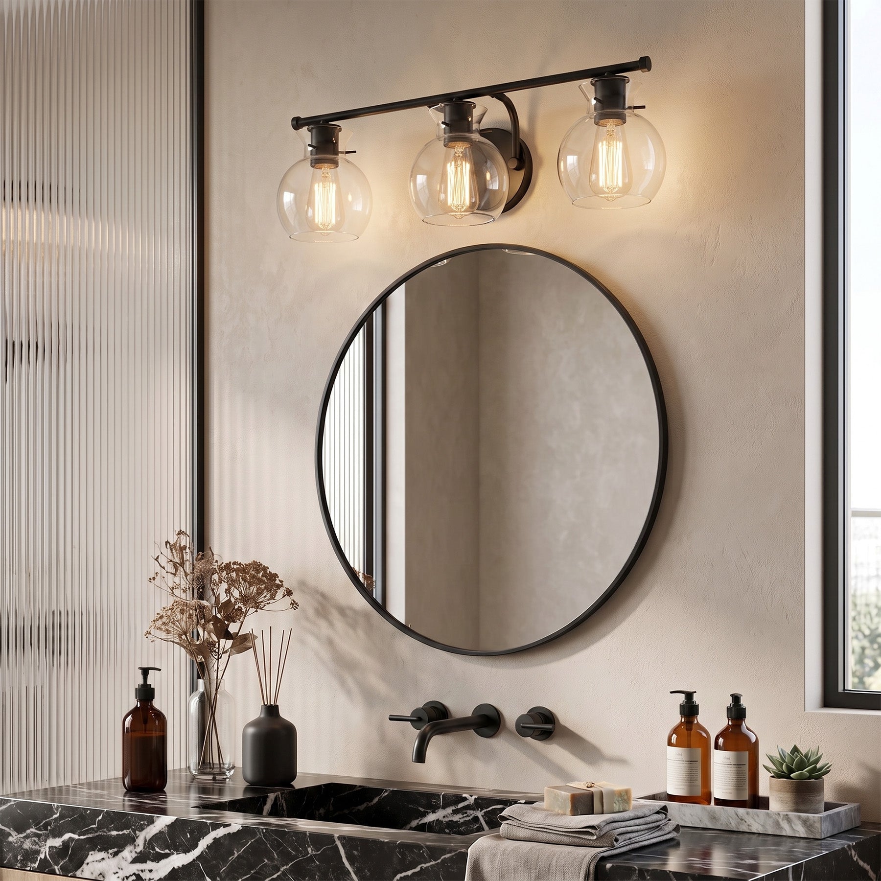 3-Light Bathroom Vanity Light, Modern Wall Light Fixture with Clear Glass Shades