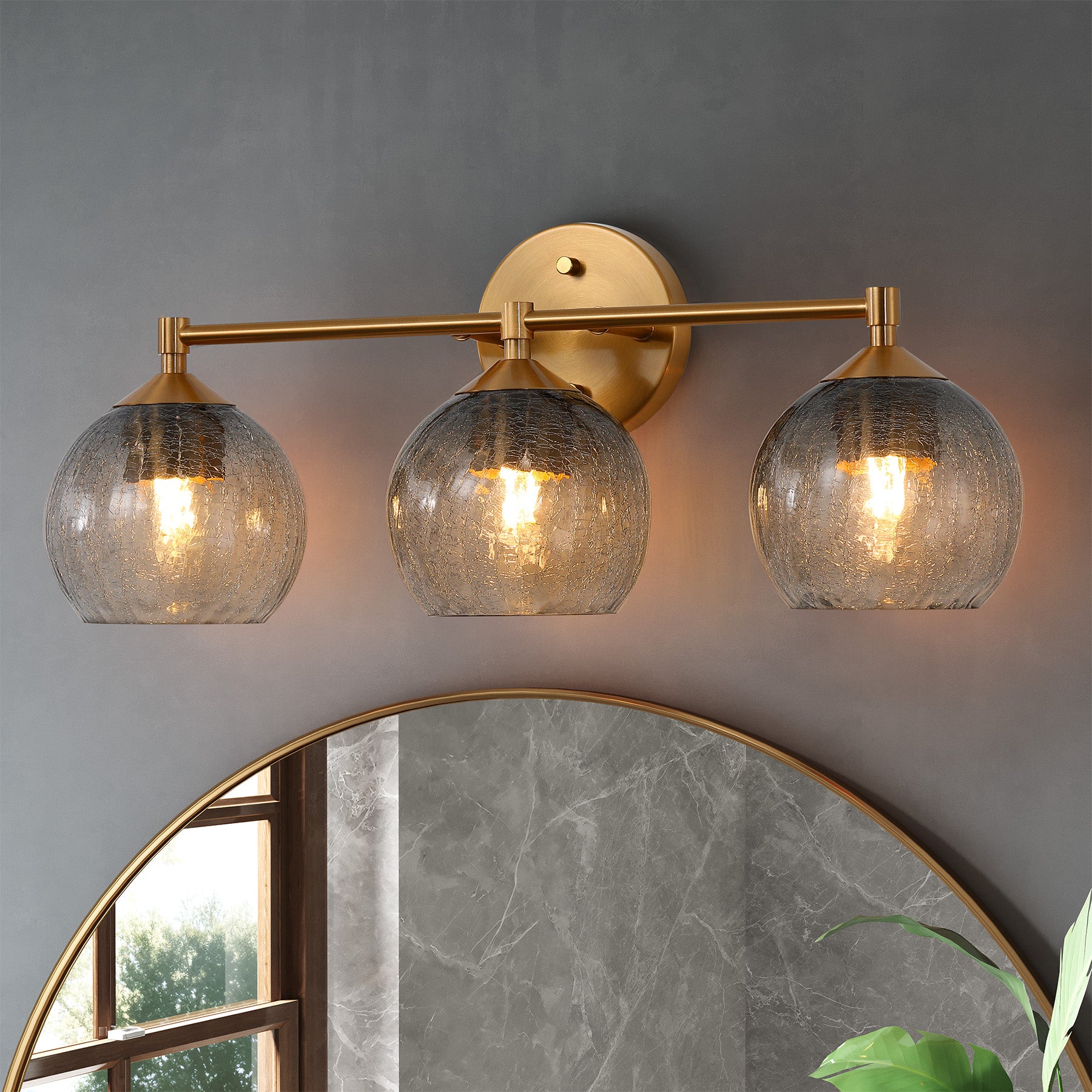 3-Light Bathroom Light Fixtures, Modern Wall Sconce Vanity Light with Grey Glass Shade (Bulbs Not Included)