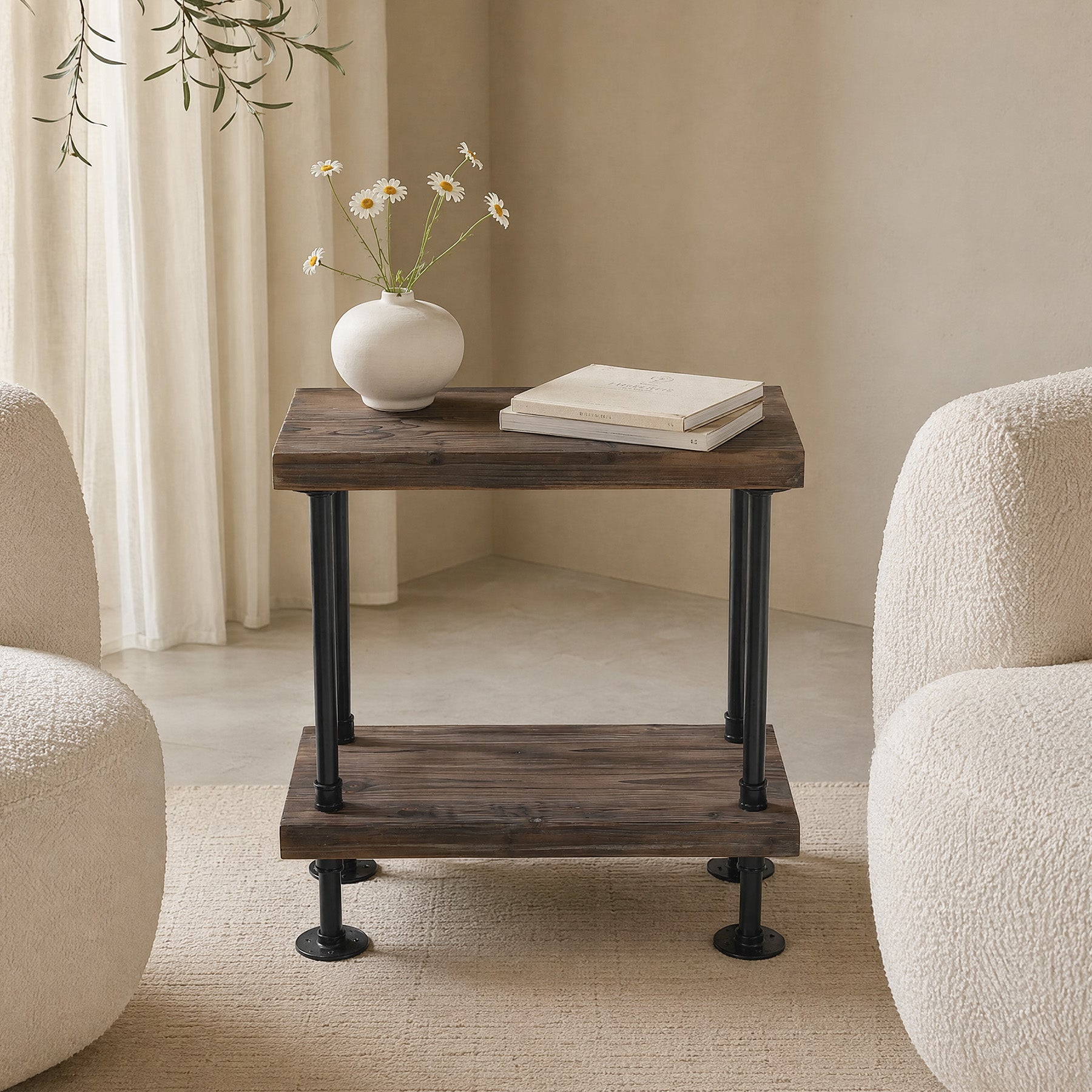 2-Tier Solid Wood End Table, Rectangle Side Table with Open Shelves & Metal Frame