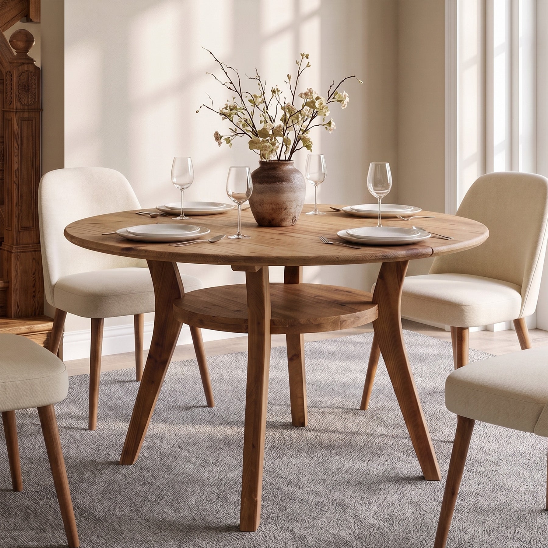 47" Round Dining Table with Storage Shelf, Solid Wood Kitchen Table, 2-Tier