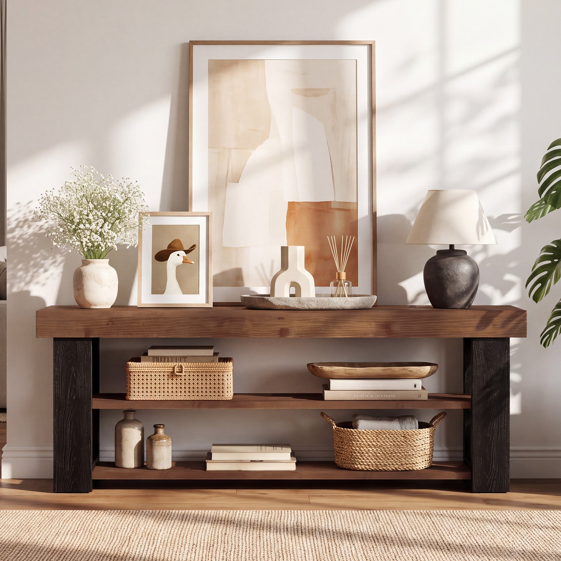 63" Console Table with 3-Tier Storage Shelves, Solid Wood Slim Entryway Sofa Table