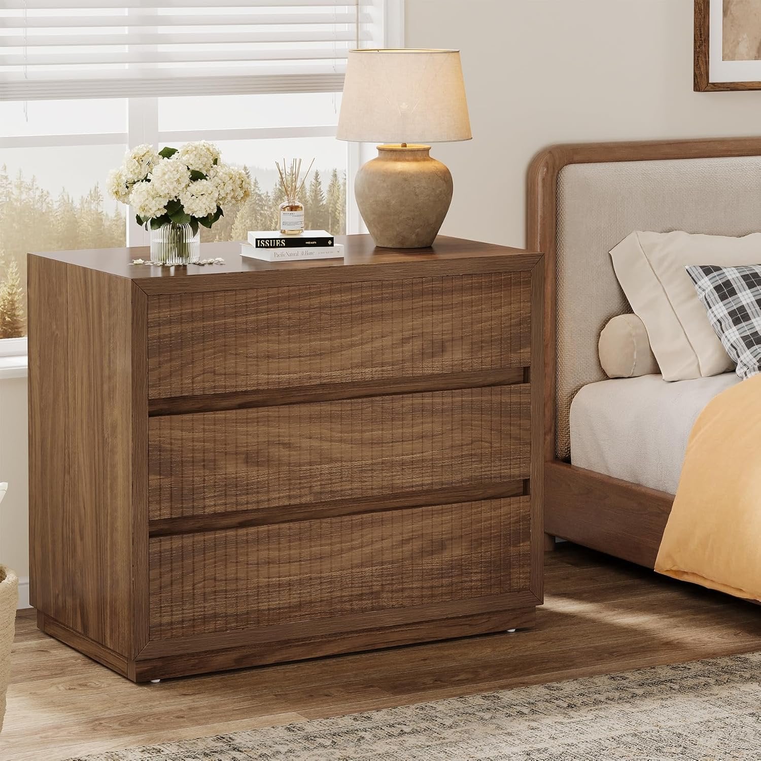 31" Oversized Nightstand, Fluted Bedside Table with 3 Storage Drawers