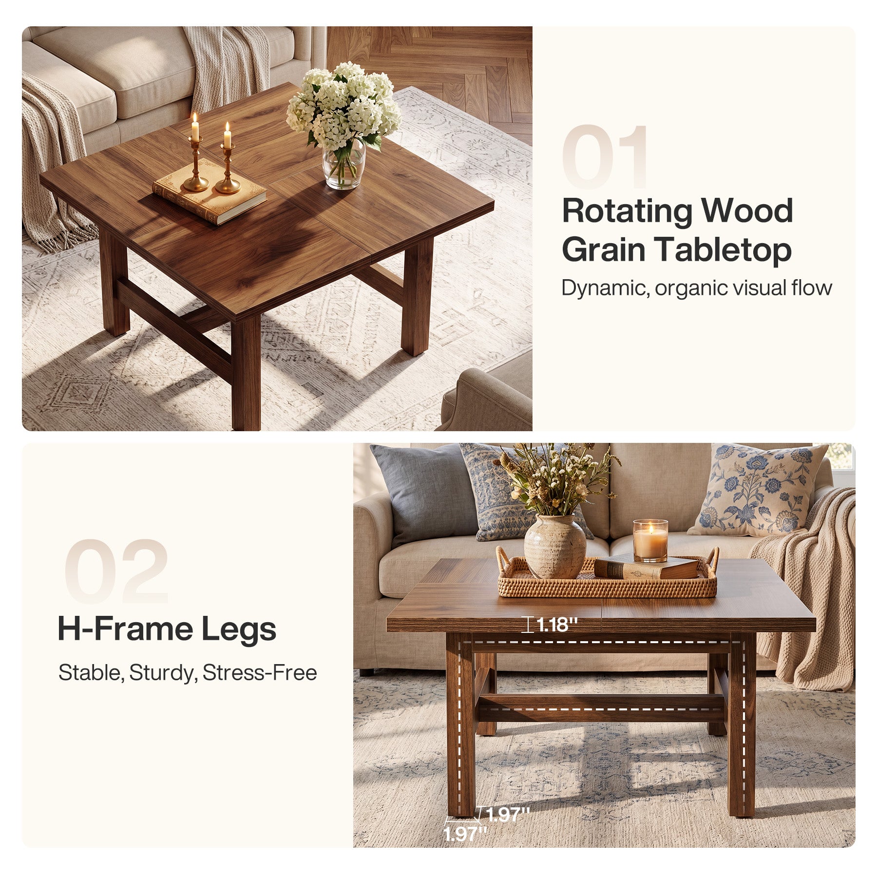 31" Square Coffee Table, Wooden Farmhouse Center Table with Sturdy Legs