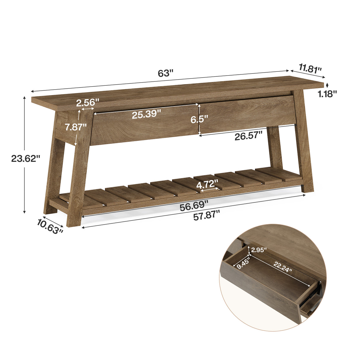 63" TV Stand with 2 Storage Drawers for 65"TV, Entertainment Center with Slatted Shelf