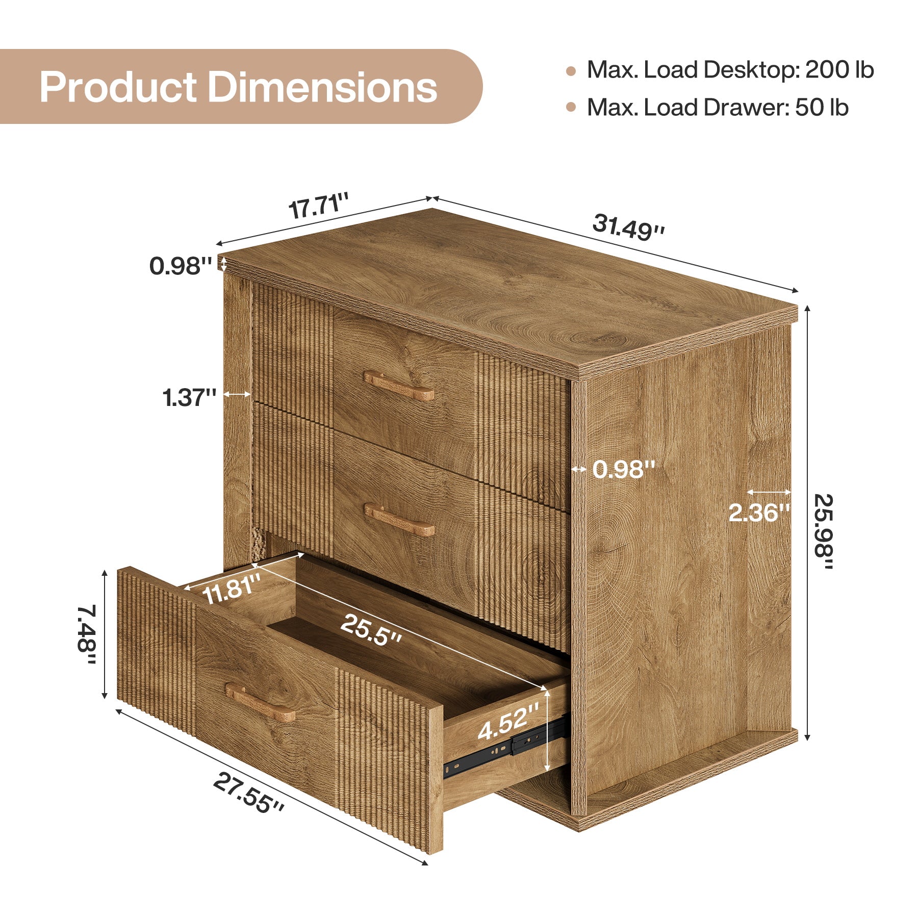 3-Drawer Nightstand, 31.5" Wide Bedside Table with Storage