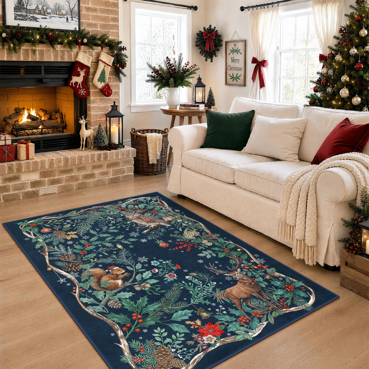 Christmas Tree Area Rug - Washable Non-Slip Holiday Carpet for Living Room Bedroom