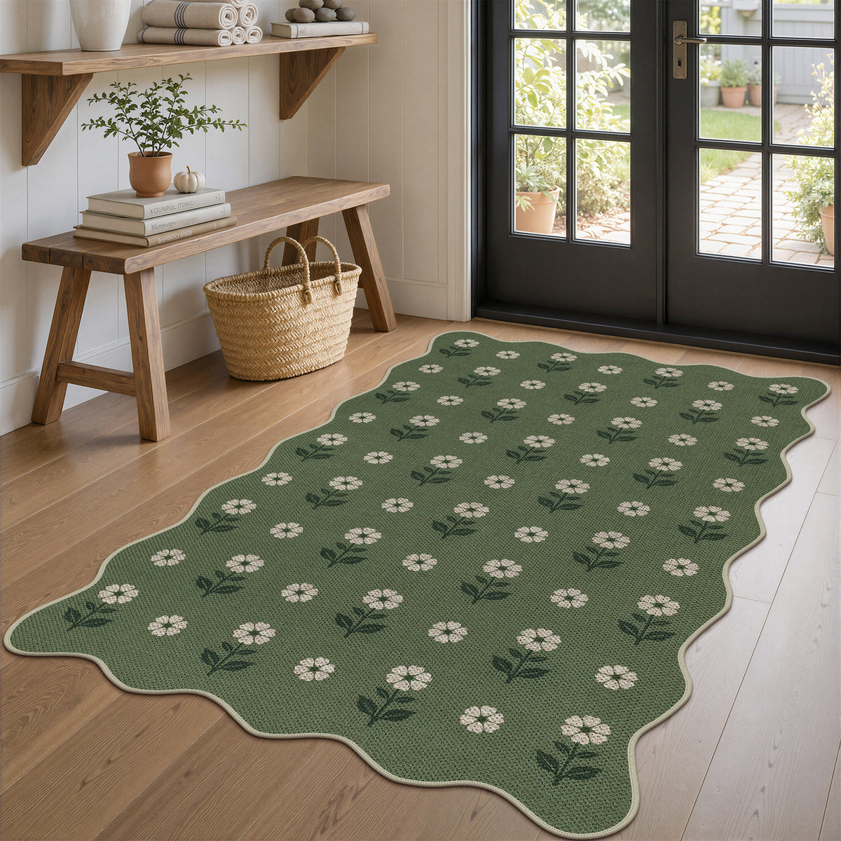Floral Easy Jute Hallway Runner Rug, Scalloped Kitchen Runner Rug Non Skid Washable Indoor Carpet, Oeko-Tex Certified