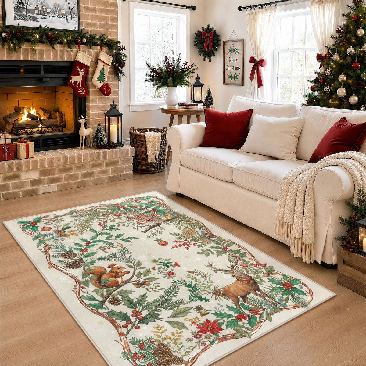 Christmas Tree Area Rug - Washable Non-Slip Holiday Carpet for Living Room Bedroom