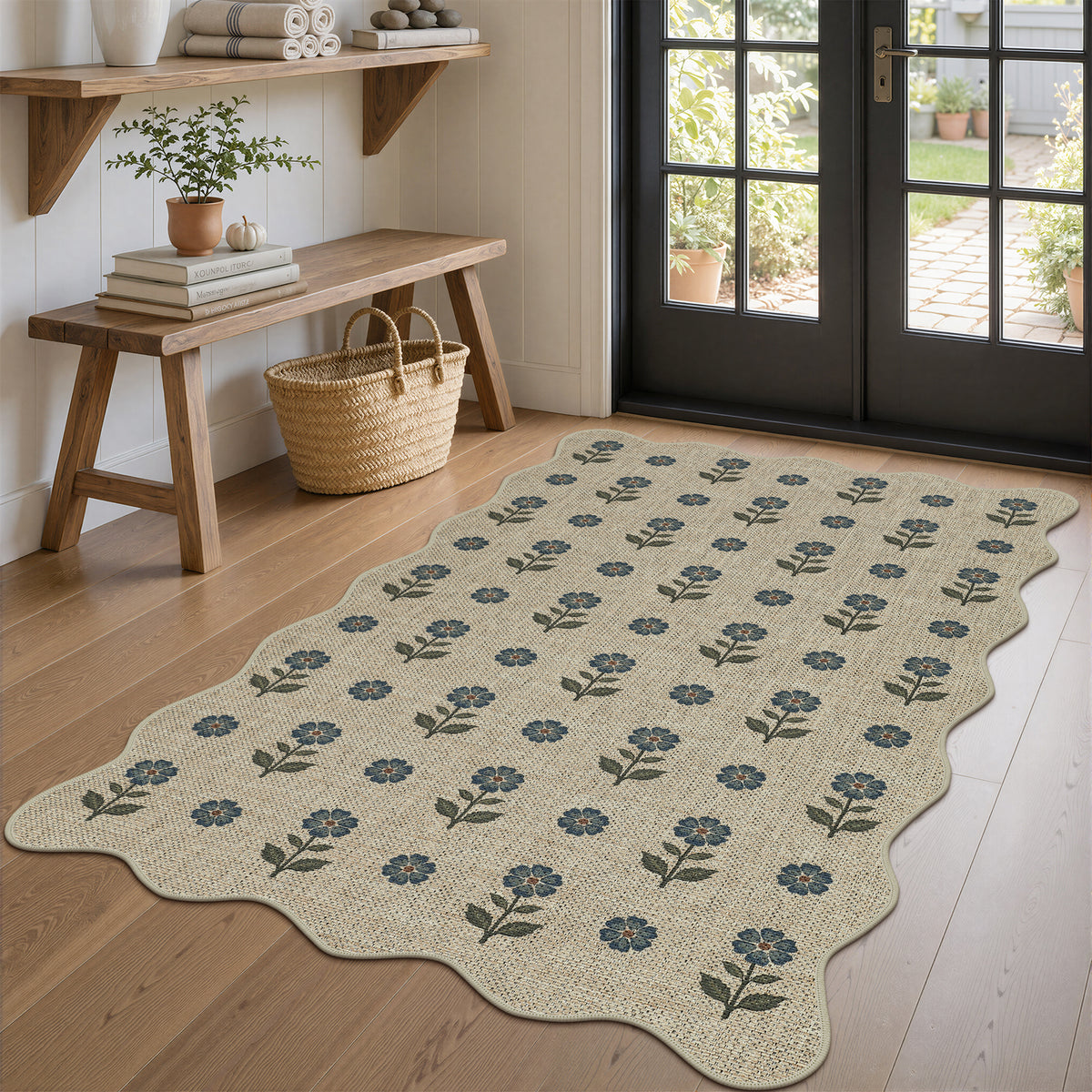 Floral Easy Jute Hallway Runner Rug, Scalloped Kitchen Runner Rug Non Skid Washable Indoor Carpet, Oeko-Tex Certified