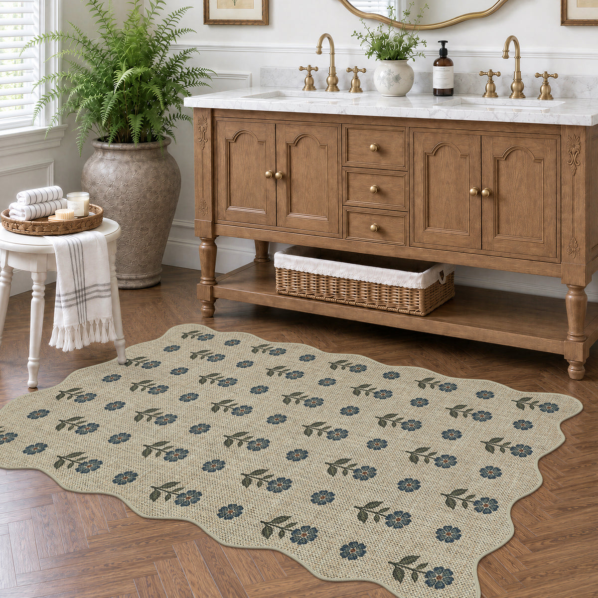 Tribesigns Hallway Tan Green Scalloped Easy Jute Kitchen Runner Rug
