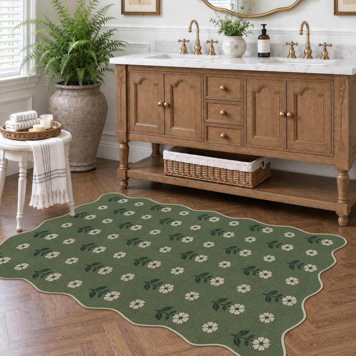 Tribesigns Hallway Tan Green Scalloped Easy Jute Kitchen Runner Rug