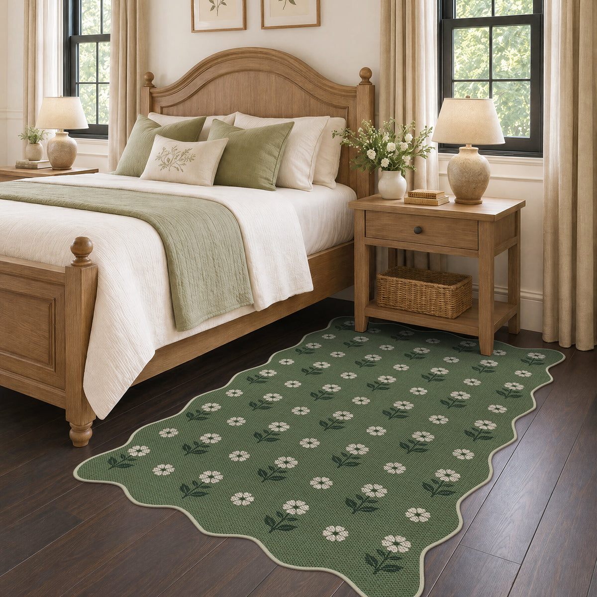 Tribesigns Hallway Tan Green Scalloped Easy Jute Kitchen Runner Rug
