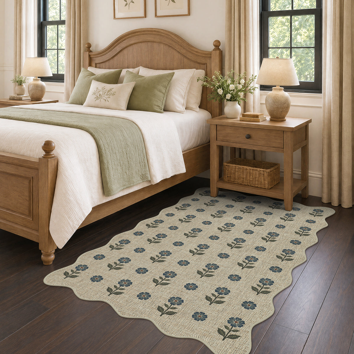 Tribesigns Hallway Tan Green Scalloped Easy Jute Kitchen Runner Rug