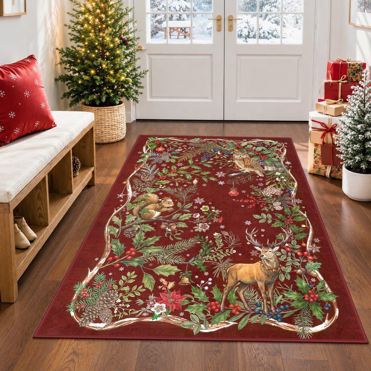 Christmas Tree Area Rug - Washable Non-Slip Holiday Carpet for Living Room Bedroom
