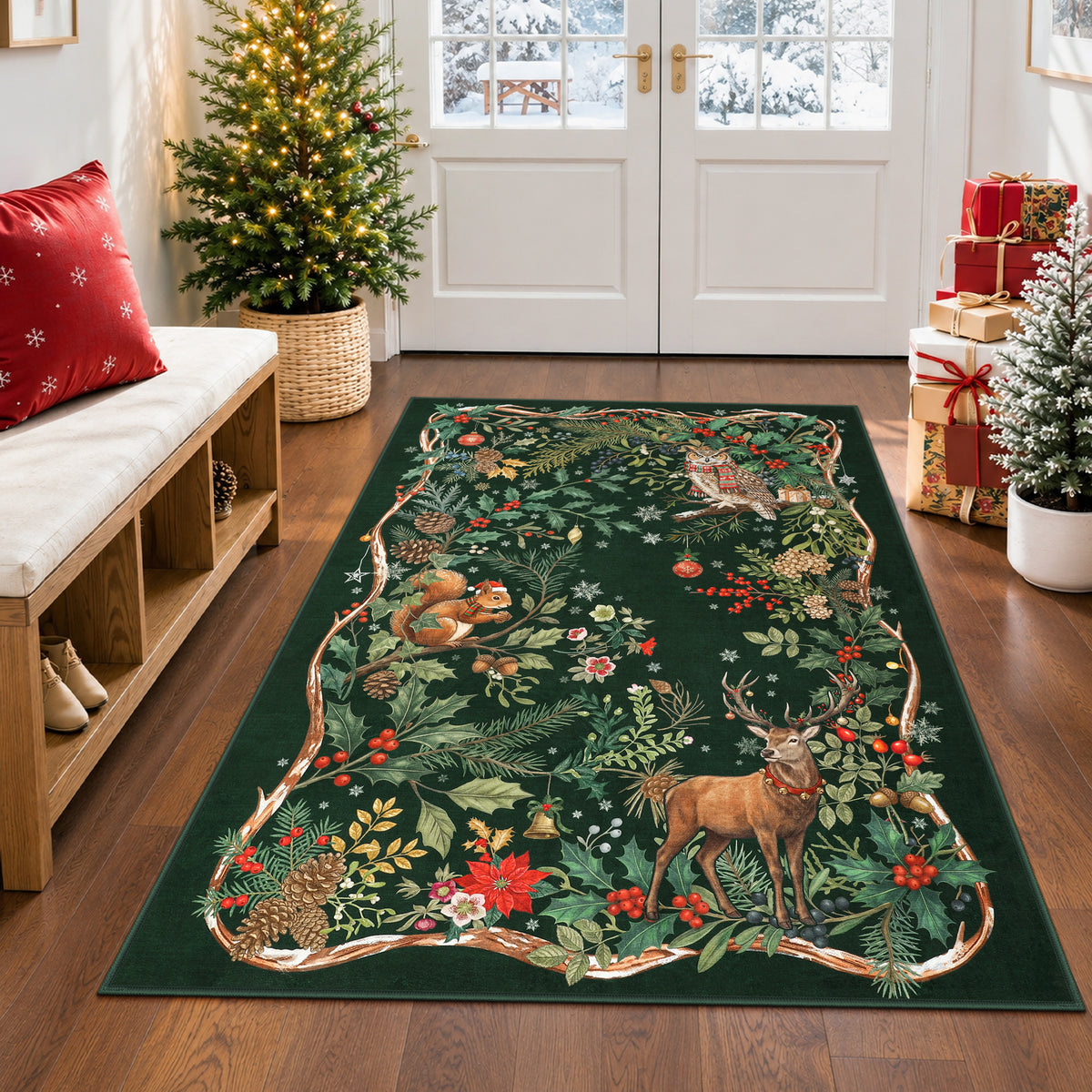 Christmas Tree Area Rug - Washable Non-Slip Holiday Carpet for Living Room Bedroom