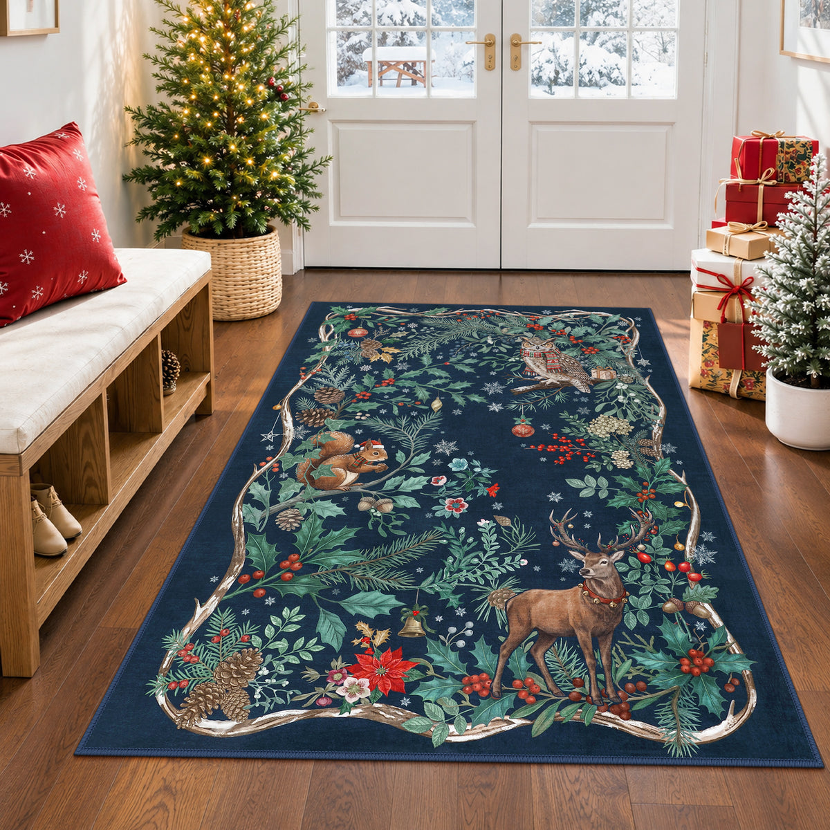 Christmas Tree Area Rug - Washable Non-Slip Holiday Carpet for Living Room Bedroom