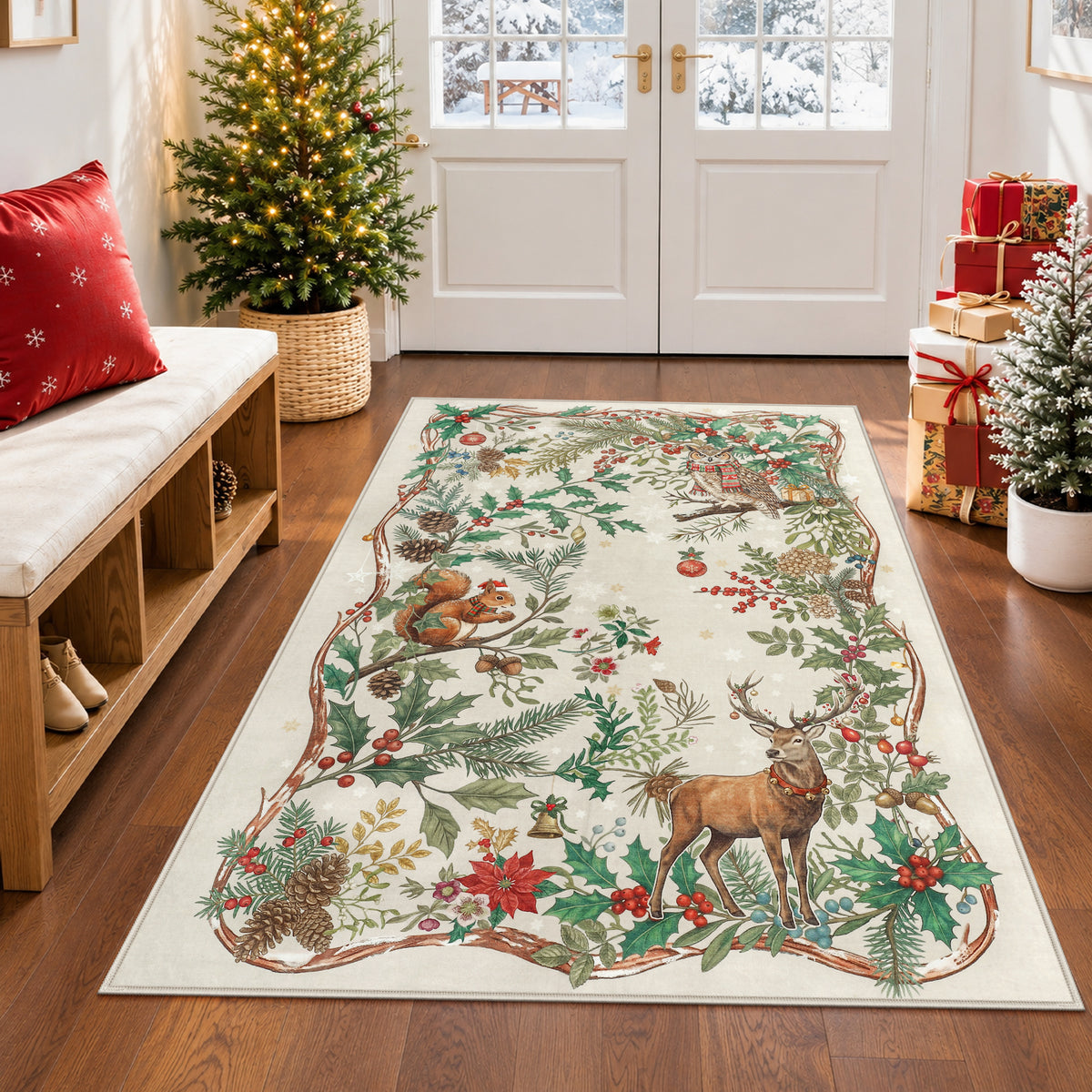 Christmas Tree Area Rug - Washable Non-Slip Holiday Carpet for Living Room Bedroom
