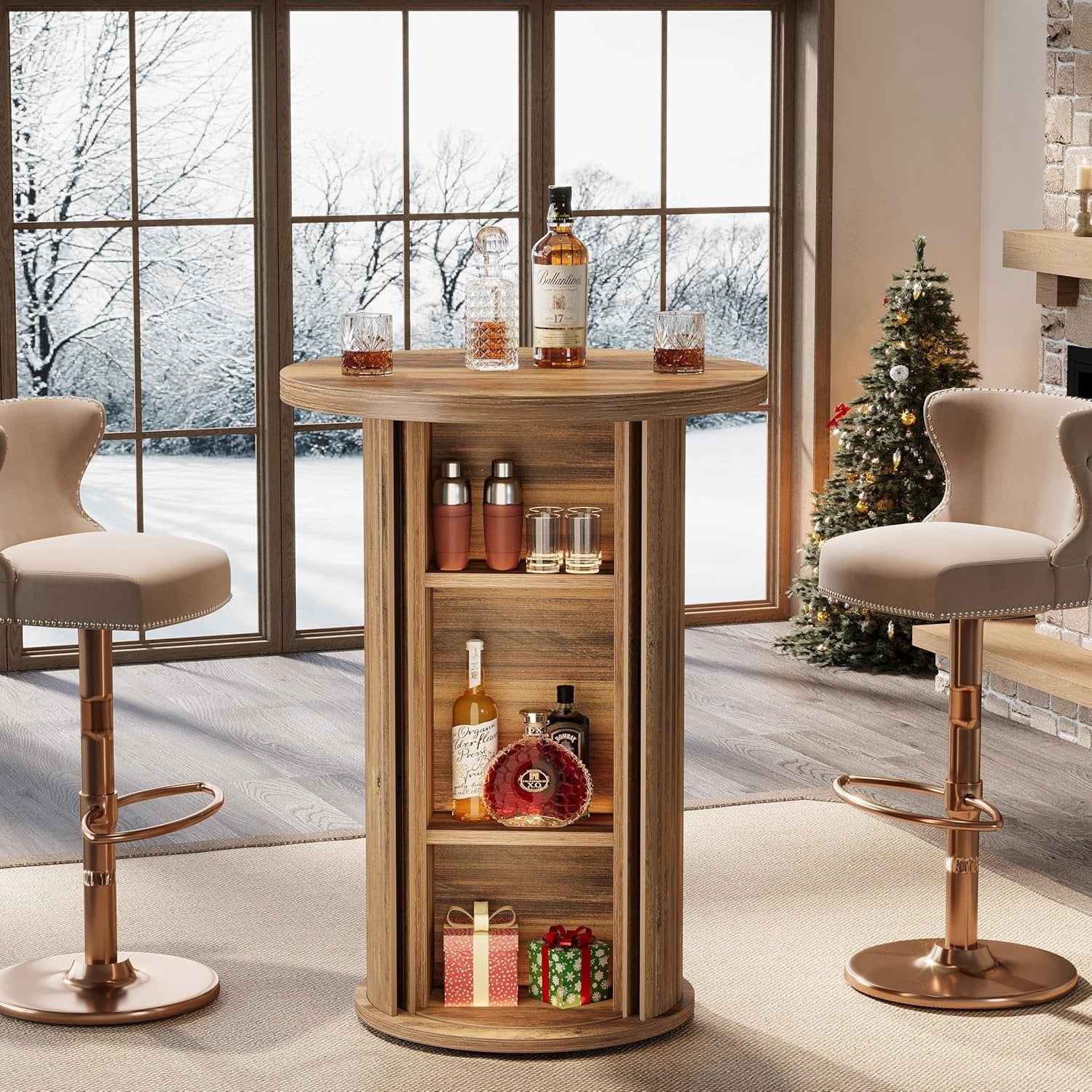 35.4" Round Bar Table, High Top Pub Table with 3-Tier Hidden Storage Shelves