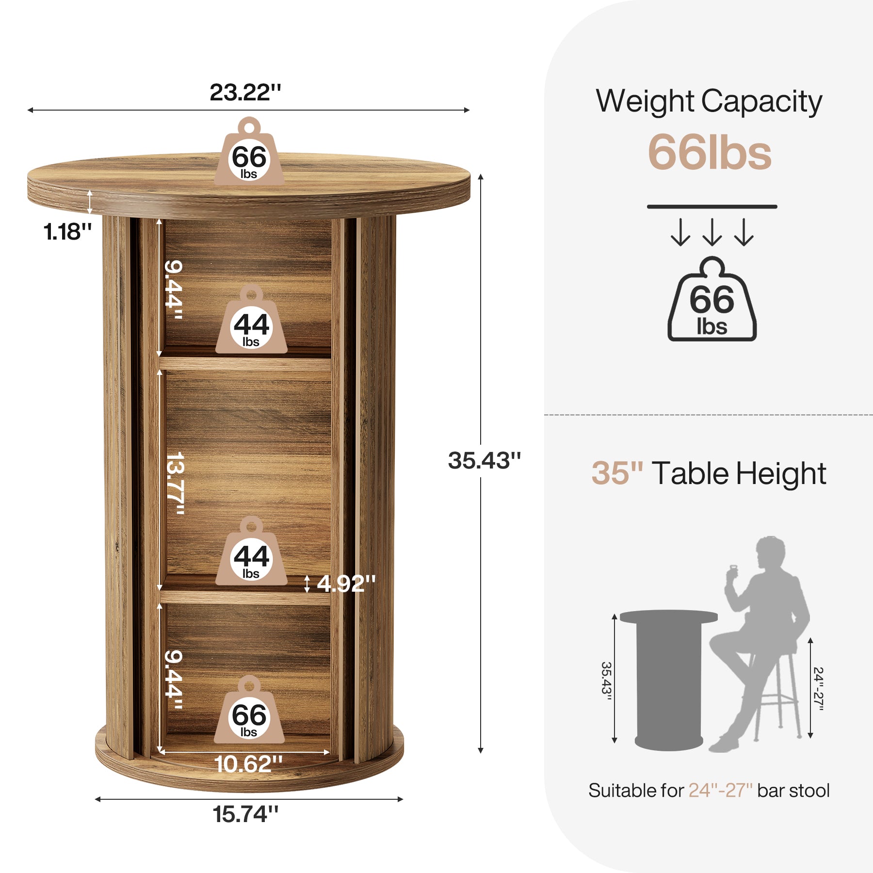 35.4" Round Bar Table, High Top Pub Table with 3-Tier Hidden Storage Shelves