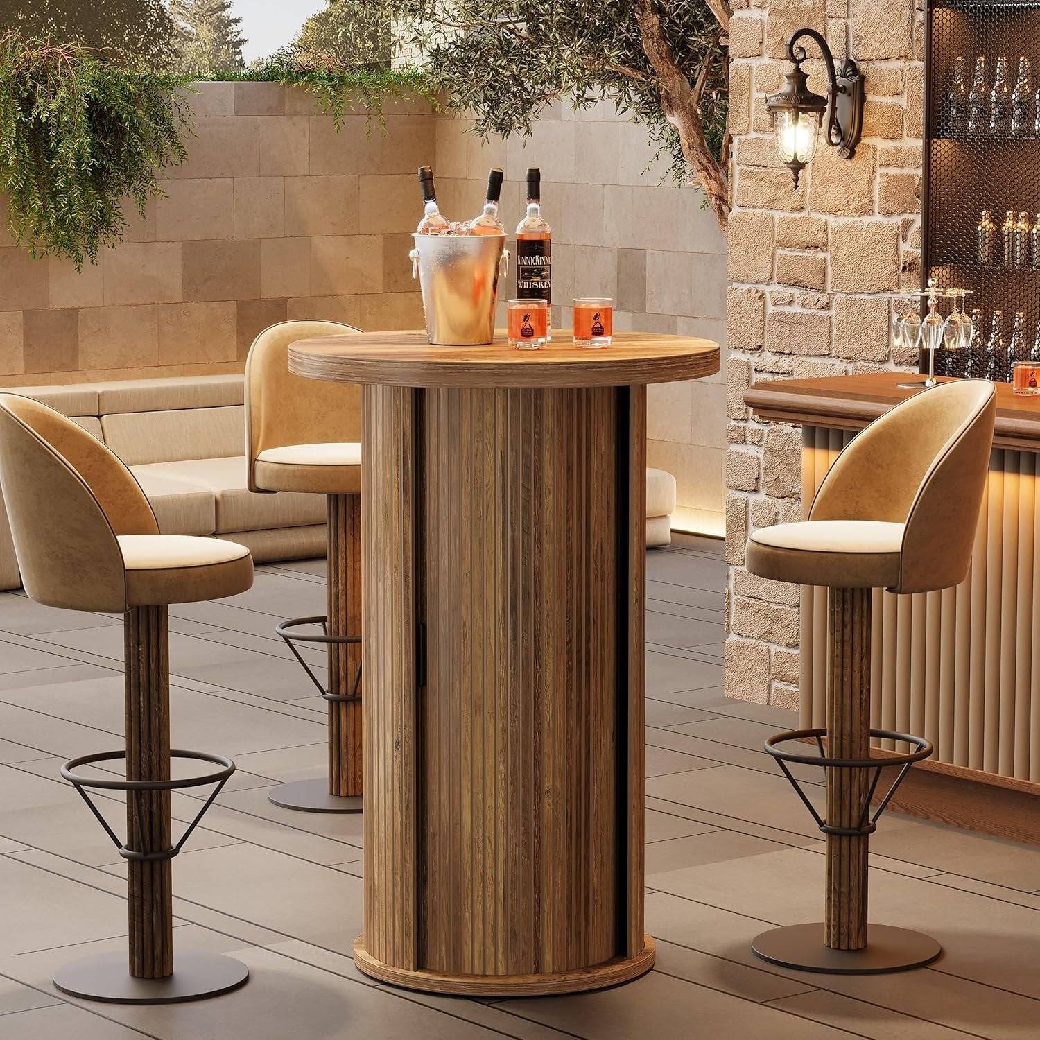 35.4" Round Bar Table, High Top Pub Table with 3-Tier Hidden Storage Shelves