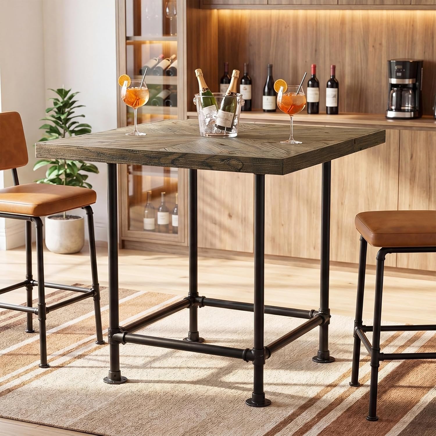 35.4" Square Bar Table, Cocktail Coffee Counter High Top Pub Table with Wood Tabletop