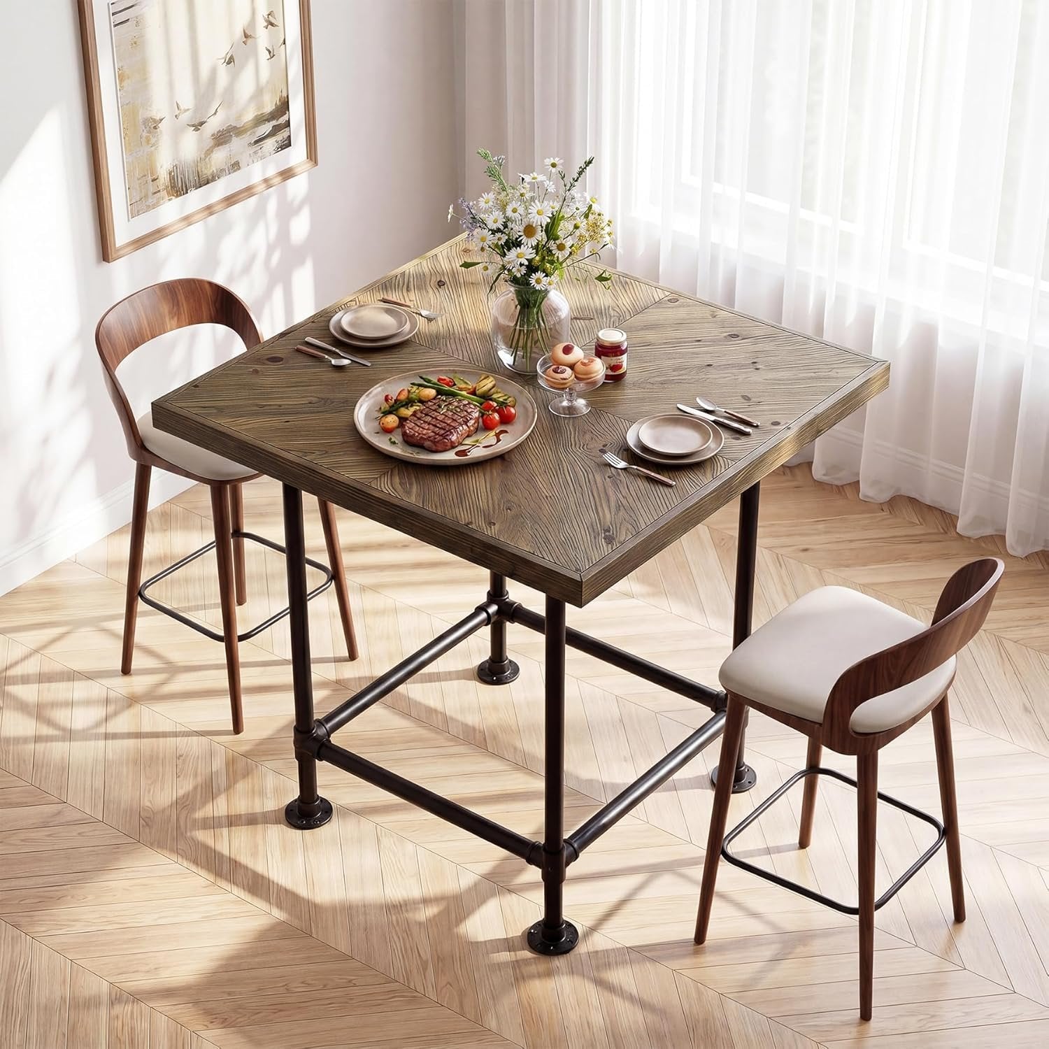 35.4" Square Bar Table, Cocktail Coffee Counter High Top Pub Table with Wood Tabletop