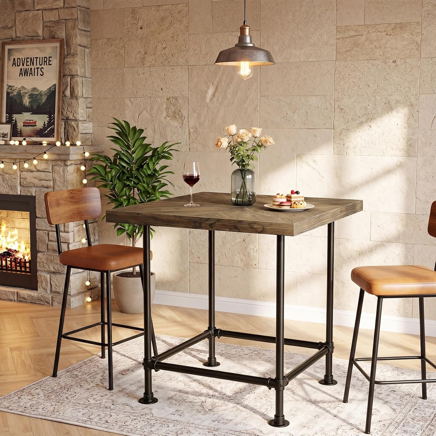 35.4" Square Bar Table, Cocktail Coffee Counter High Top Pub Table with Wood Tabletop