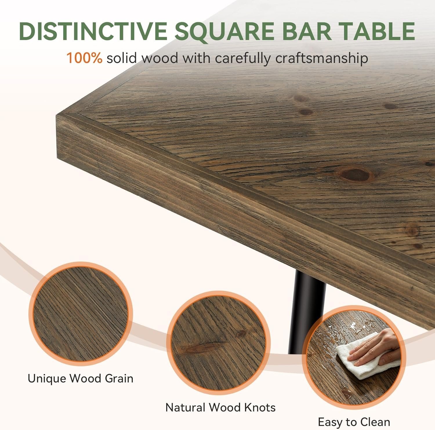 35.4" Square Bar Table, Cocktail Coffee Counter High Top Pub Table with Wood Tabletop