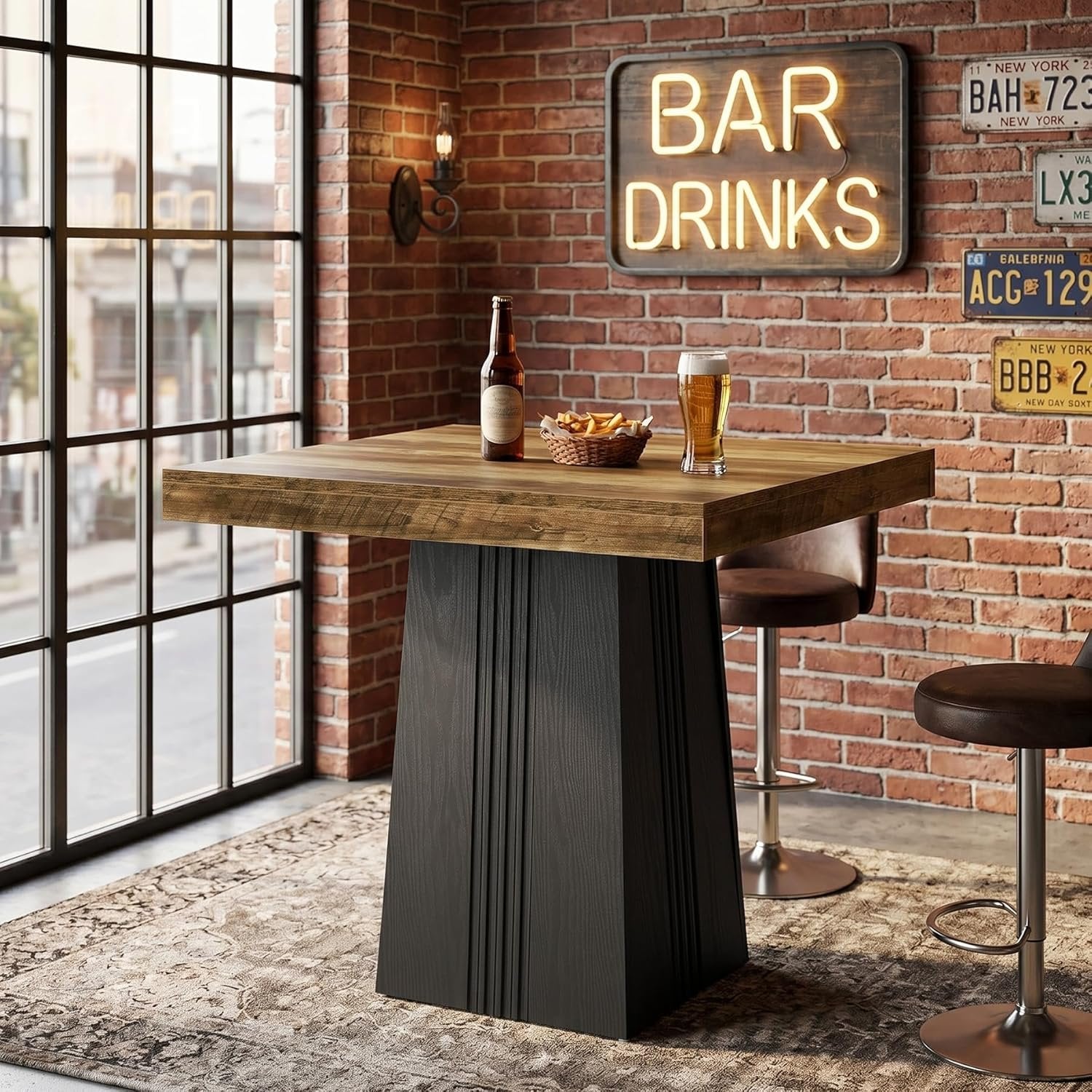 35.4" Square Bar Table, Modern Fluted Pub Table, Bar Height with Hollow Base