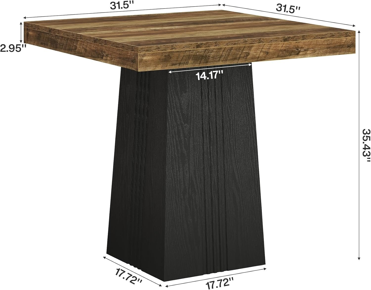 35.4" Square Bar Table, Modern Fluted Pub Table, Bar Height with Hollow Base