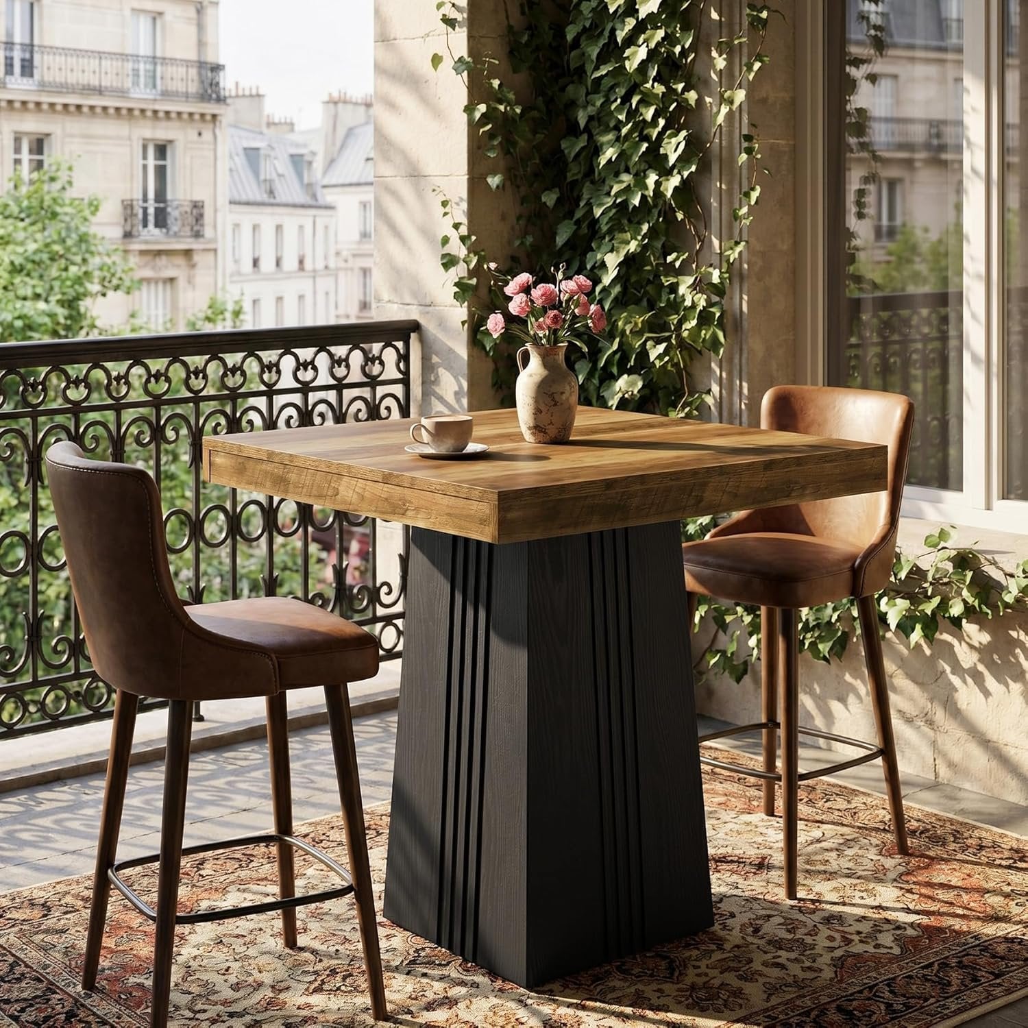35.4" Square Bar Table, Modern Fluted Pub Table, Bar Height with Hollow Base