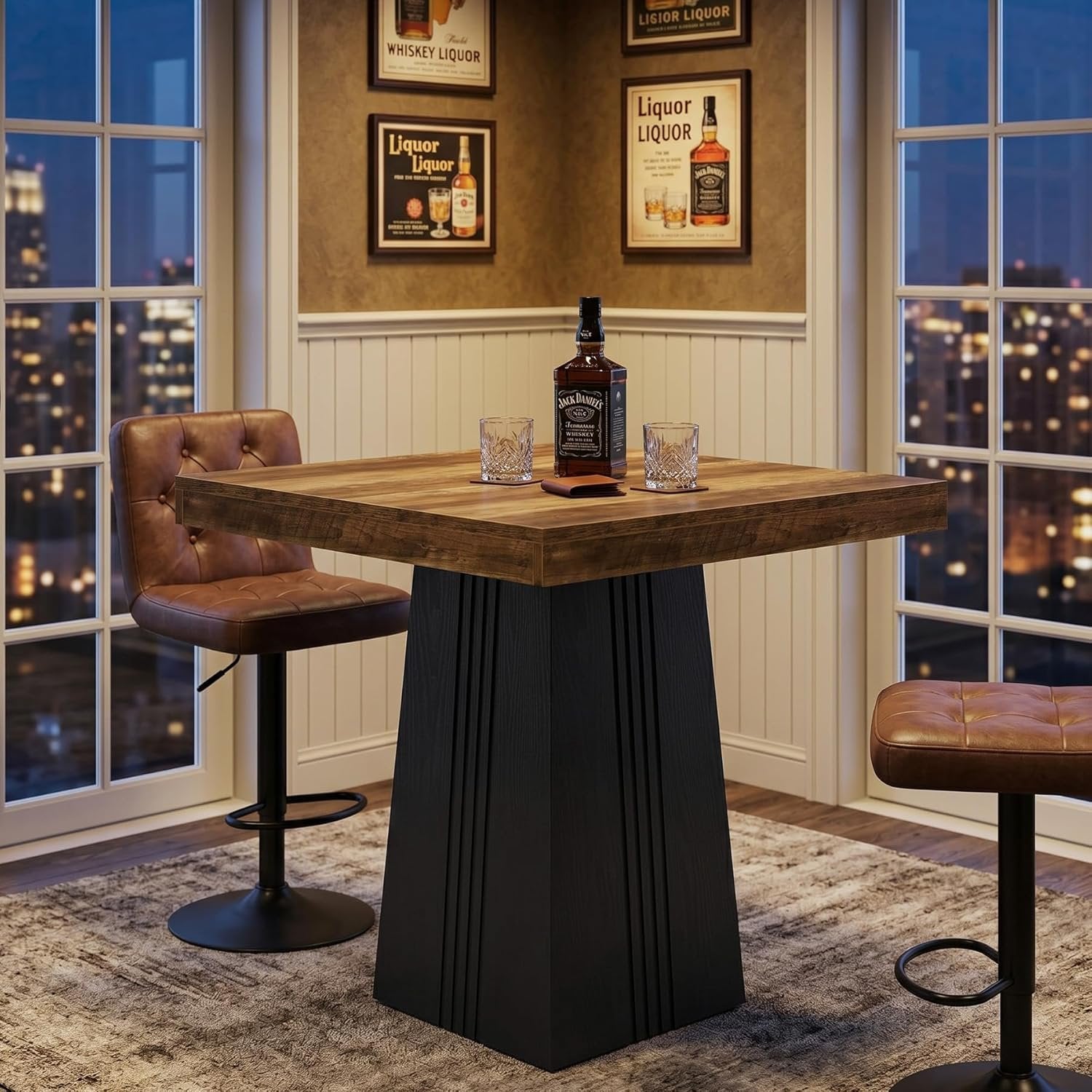35.4" Square Bar Table, Modern Fluted Pub Table, Bar Height with Hollow Base