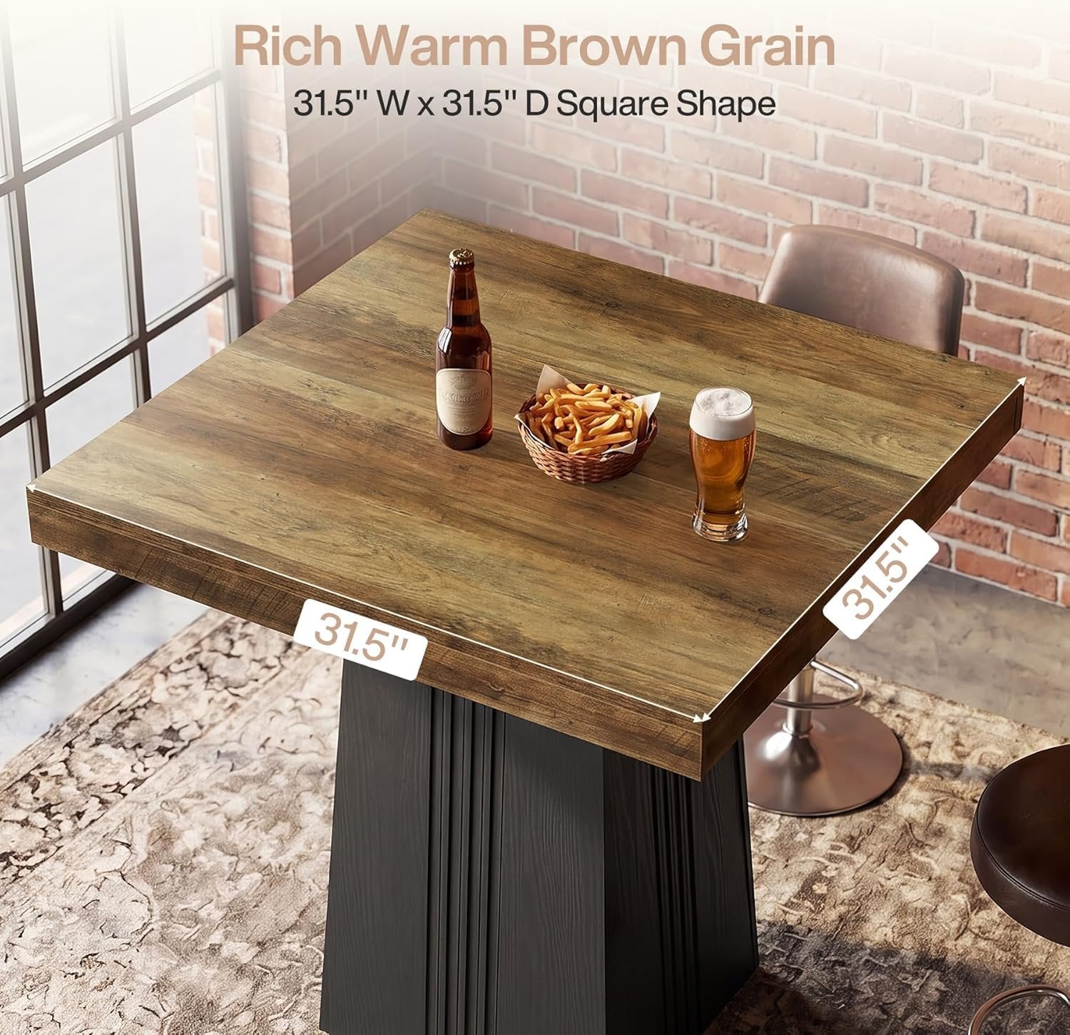 35.4" Square Bar Table, Modern Fluted Pub Table, Bar Height with Hollow Base